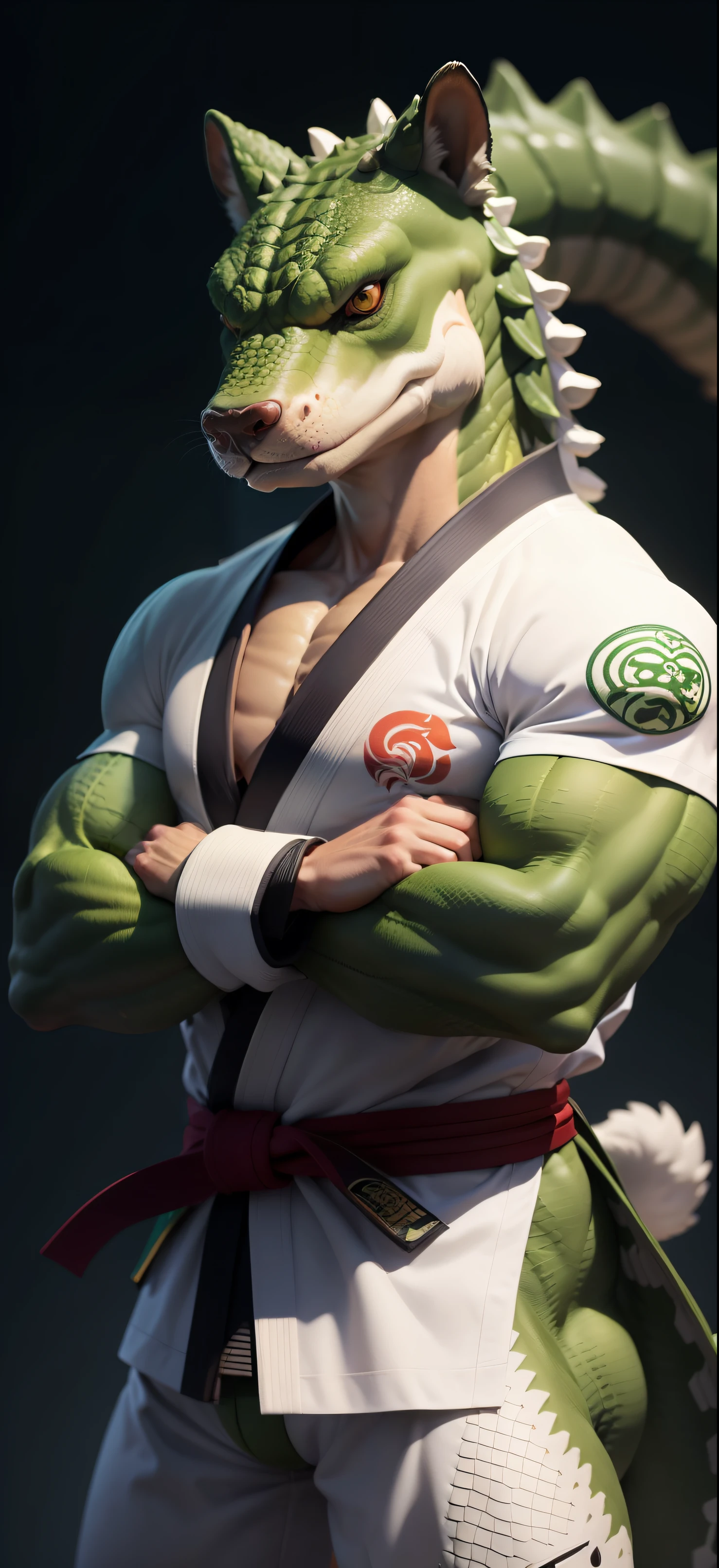 Preciso de um animal vestindo um kimono de Jiu-jitsu branco. The animal is a green muscular crocodile.