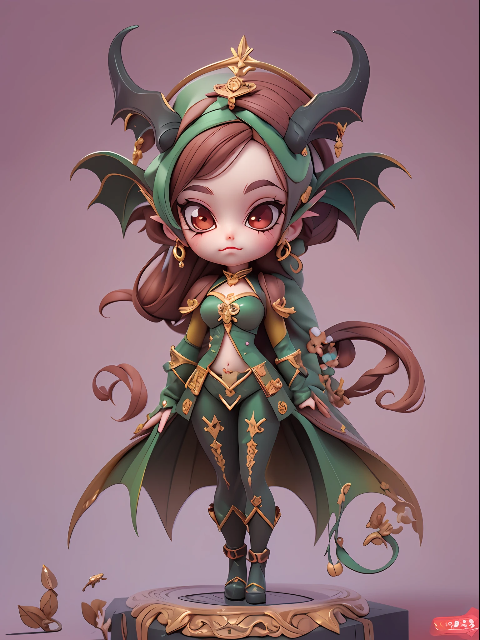 (1 blind box toy,European and American cartoon Q version), 1 Beautiful female succubus(big headed、redheadwear、Bat wings、slender figures),Cute full body portrait,Full body standing painting,cartoon character,medieval times,3Drenderingof,cinmatic lighting,Ray traching