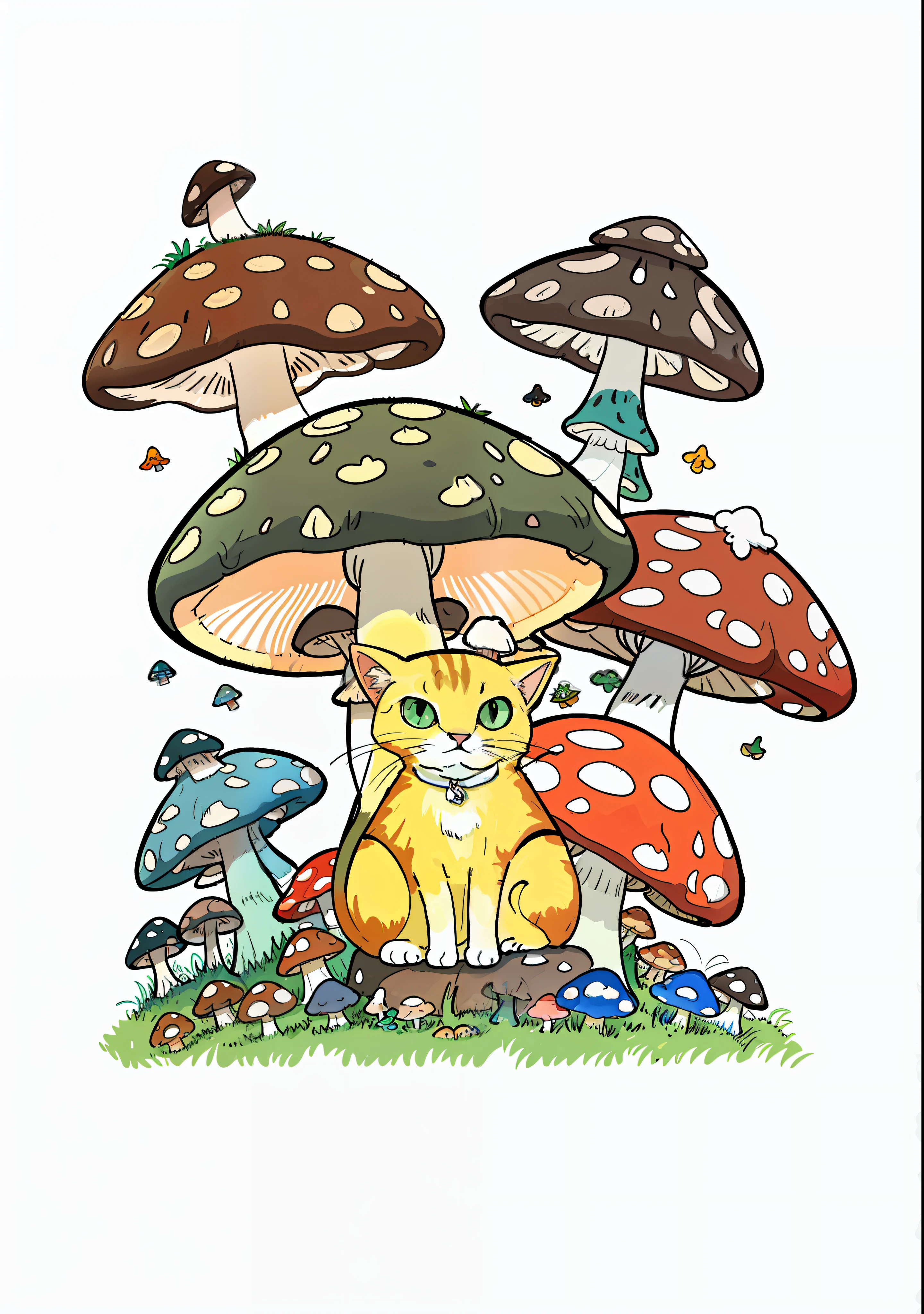 There is a cat sitting in the grass near the mushroom, cogumelo trippy, mycologist, Cogumelos, fluffy cat t - shirt design, toadstools, magic mushrooms, magic mushrooms, psychedelic mushrooms dream, Mushroom forest, Mushrooms, mushroom, Mushrooms are everywhere, amanita, cat in the forest, mushroom city, made of mushrooms, cat design, mushrooms and plants