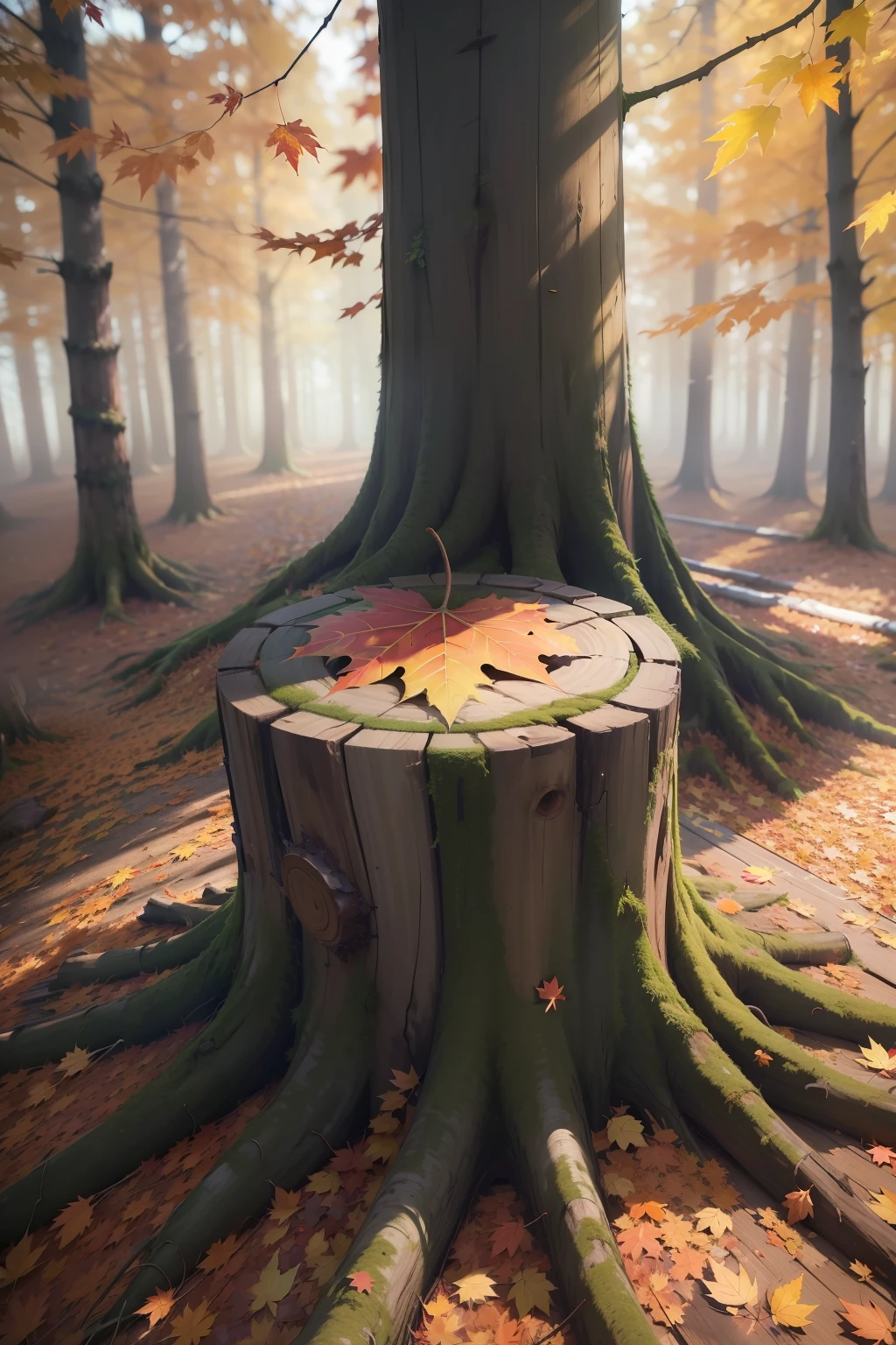 autumnal, The tree stump is located on the right side of the frame, maple leaves, falling leaf, Covered with moss, ray tracing, vignetting, UHD, retina, masterpiece, anatomically correct, high details, super detail, award winning, high quality, highres