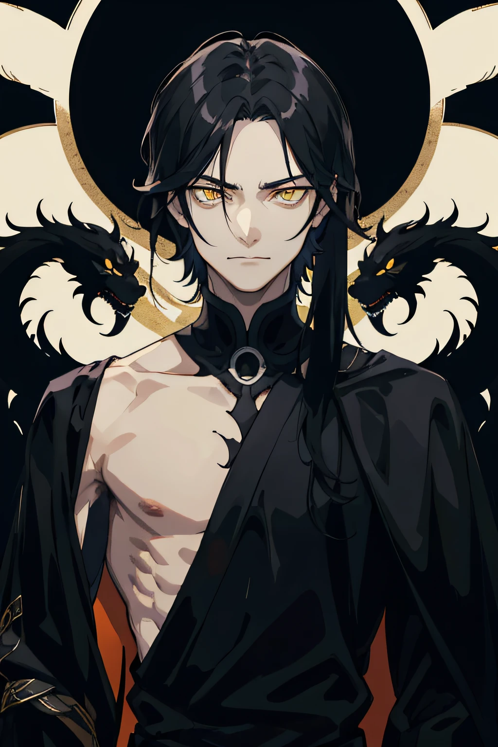 1guy, yellow eyes, gloomy face, dark eyes, black shoulder length hair, slight smile, hires, shadowed eyes, masculine