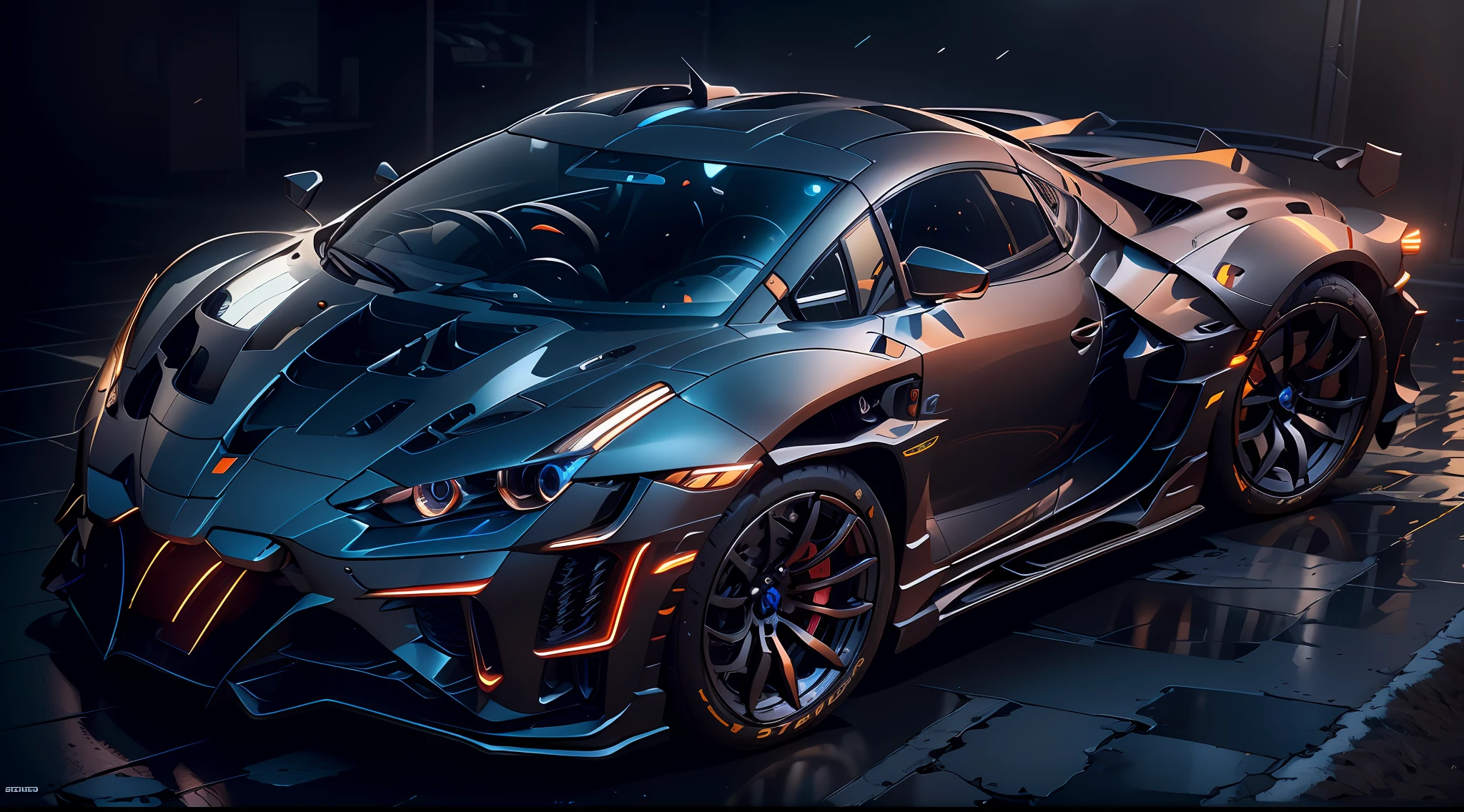 A sports car,mechs,Background cyberpunk,Best picture quality,High chiaroscuro,Cinematic texture,C4D render,Sharpen 1.4,Strong realism,The metal material is real,High detail and ultra-high image quality1.5,16K resolution,