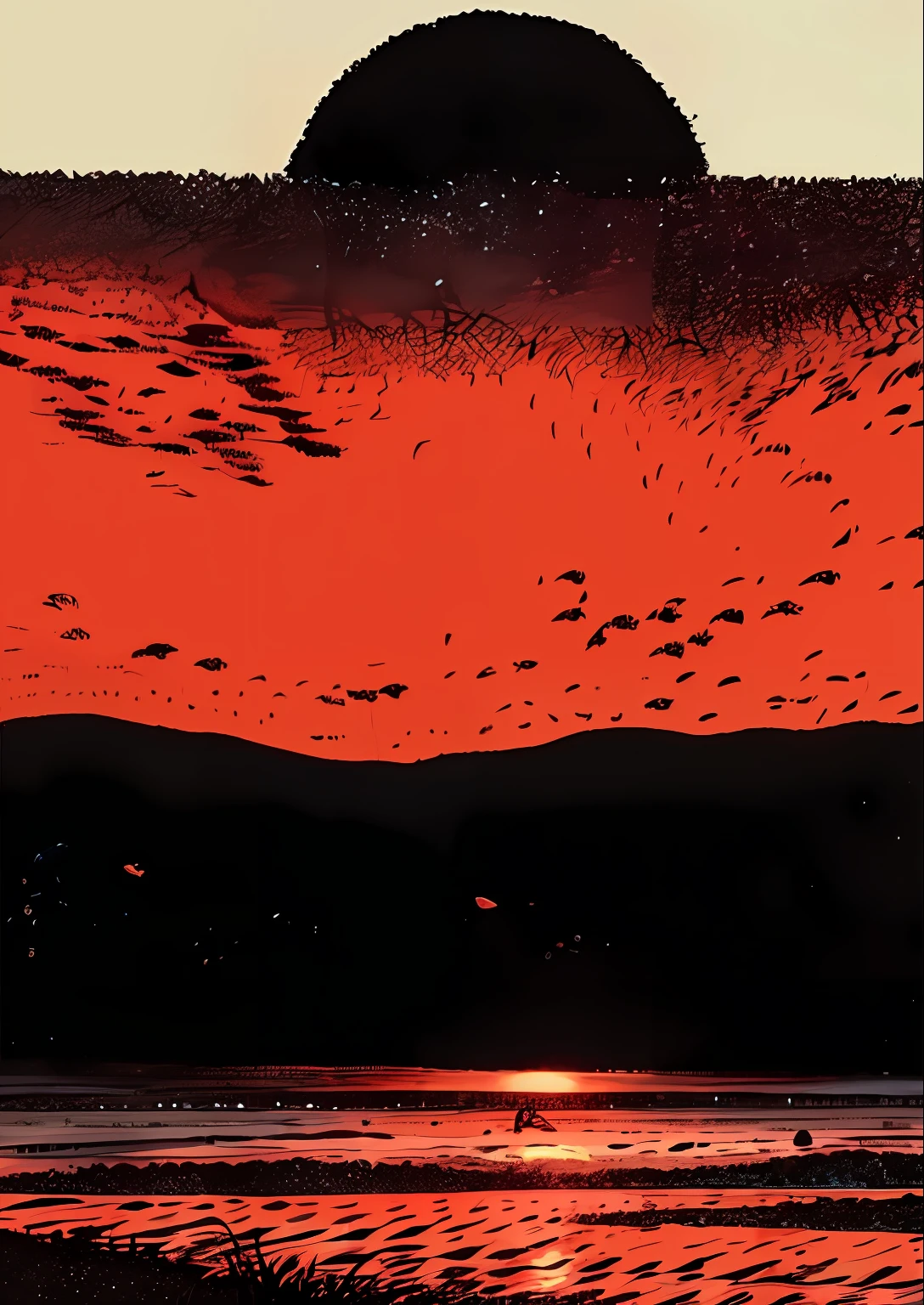 There is a poster,The background is sunset, There are children drawing,Texture wind