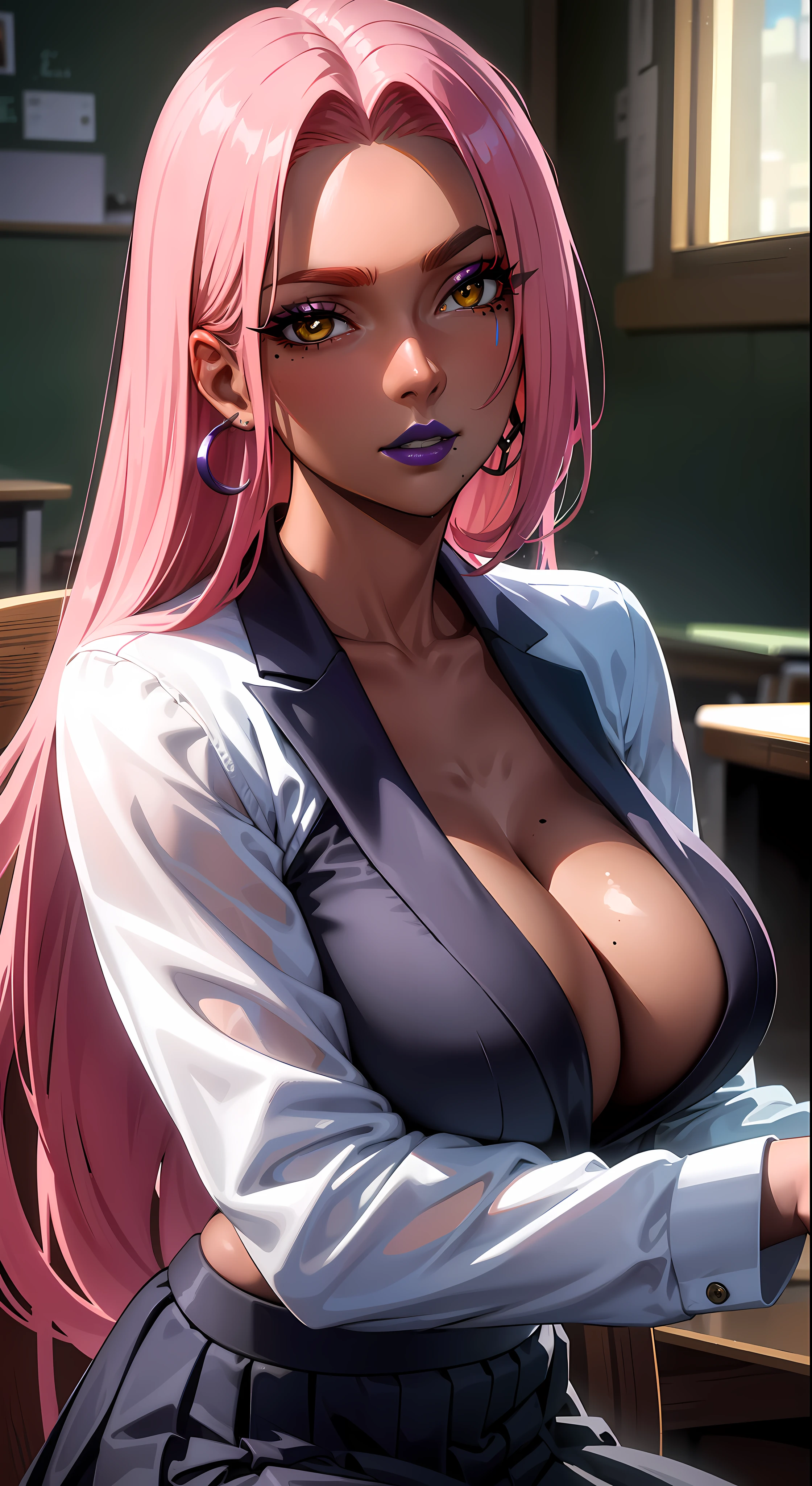 (masterpiece, highres, best quality:1.3), 8K, highly detailed, intricate, colorful, vibrant image, sharp focus, digital blending, 4K, trending on pixiv Ingrid, ((mid high school uniform)), solo, mature female, 40yo, milf, curvy, (dark skinned female:1.15), dark skin, posing, classroom, book, book on table, sitting on chair, leaning to table, (caring look:1.2), looking at viewer, cowboy shot, pink hair, very long hair, forehead, hair intakes, purple lipstick, makeup, mole under mouth, yellow eyes, perfect eyes, perfect face, ultra detailed hair, ultra detailed face, earrings, ultra detailed lips, large breasts, ultra detailed lipstick,