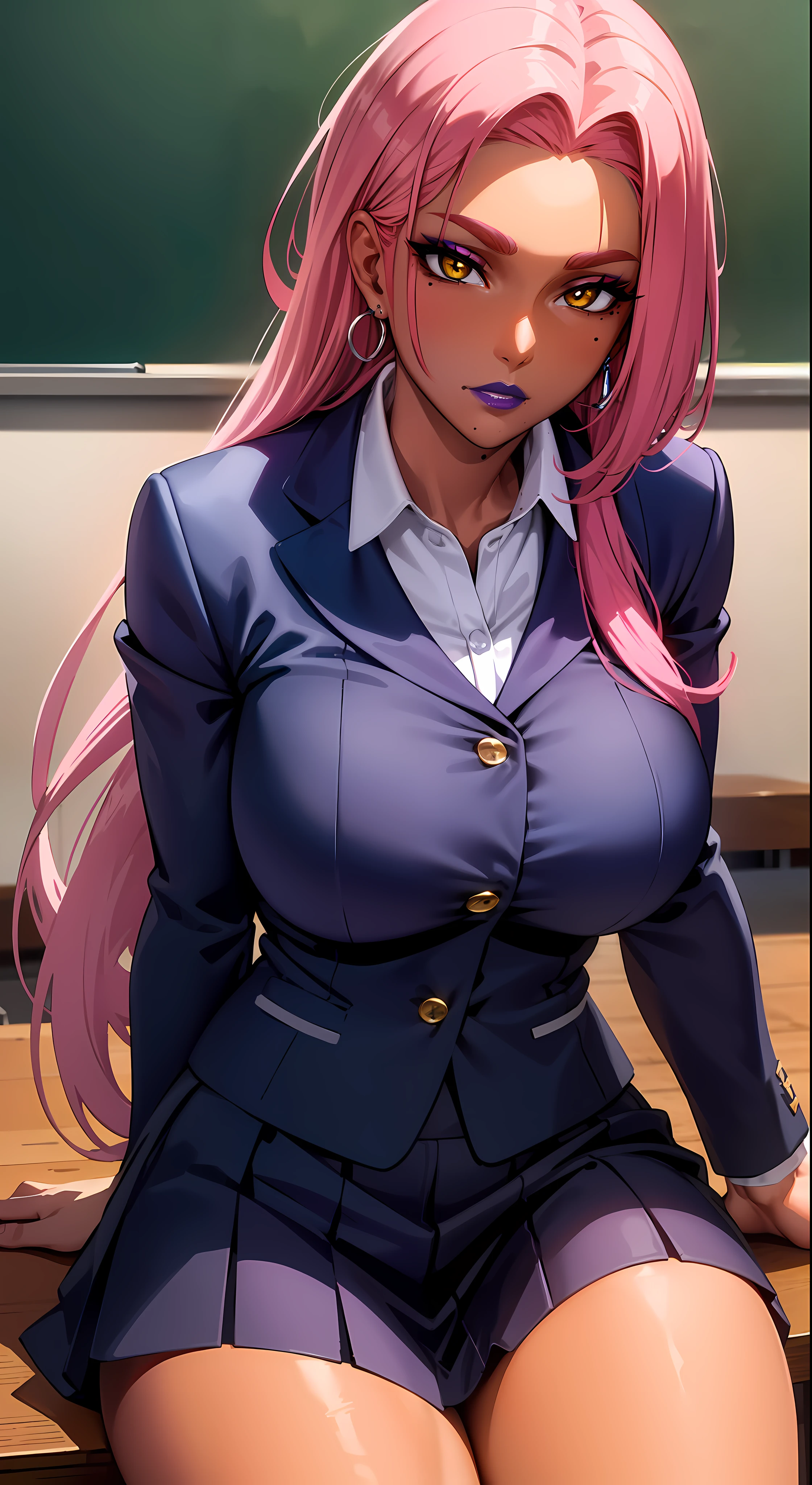 (masterpiece, highres, best quality:1.3), 8K, highly detailed, intricate, colorful, vibrant image, sharp focus, digital blending, 4K, trending on pixiv Ingrid, ((mid high school uniform)), solo, mature female, 40yo, milf, curvy, (dark skinned female:1.15), dark skin, posing, classroom, book, book on table, sitting on chair, leaning to table, (caring look:1.2), looking at viewer, cowboy shot, pink hair, very long hair, forehead, hair intakes, purple lipstick, makeup, mole under mouth, yellow eyes, perfect eyes, perfect face, ultra detailed hair, ultra detailed face, earrings, ultra detailed lips, large breasts, ultra detailed lipstick,