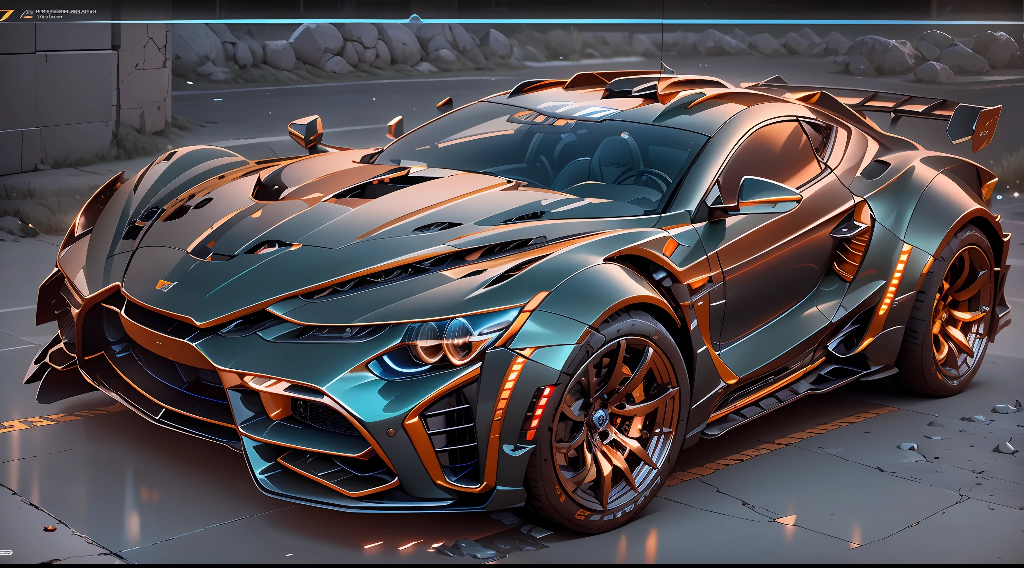 A sports car，mechs，Background cyberpunk，Best picture quality，High chiaroscuro，Cinematic texture，C4D render，Sharpen 1.4，Strong realism，The metal material is real，High detail and ultra-high image quality1.5，16K resolution，