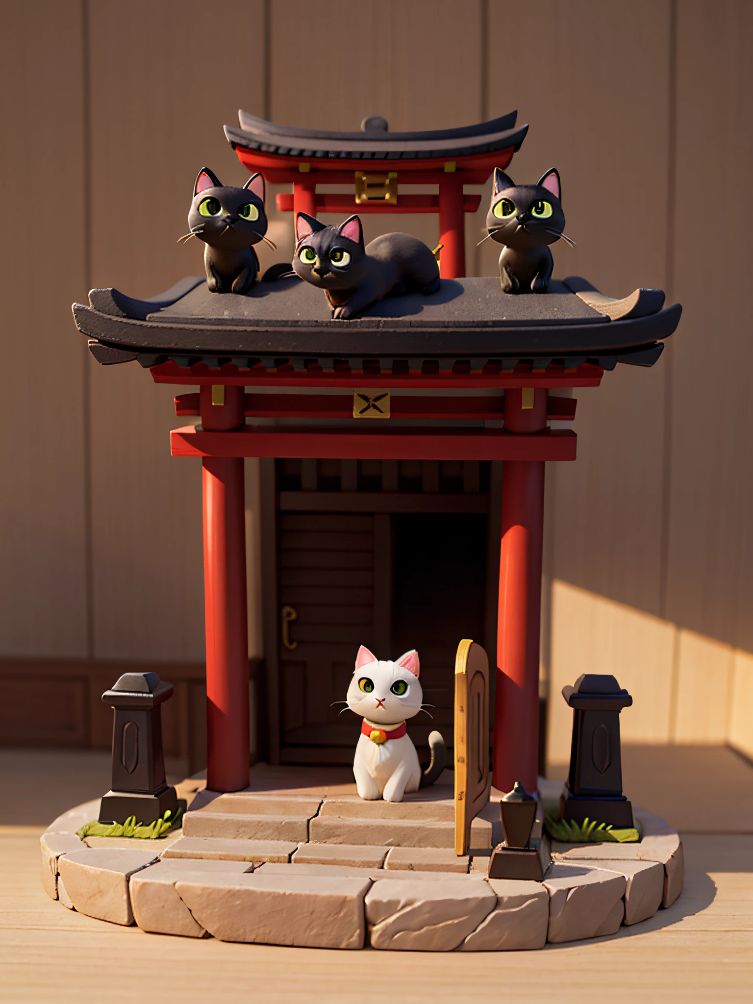 a cat,cute cat,one body,one head,singl face,toy,vignette figure,whole body、1 cat、Cute Cat Figure、Deformed cat、Sparkling eyes、Cat whole body、Output image quality(add detail、The ultra -The high-definition、Masterpiece、hight resolution、8K、Award-winning works)、(intricate-detail、ultra-detailliert:1.2)、Cinematic Shots、vignettes、central、Japan motifs(shrines)、black cat、Chic impression、Muted shades、gentle shades、appearance々Proposing figures made of similar materials、Attractive composition、Attractive lighting、depth of fields、diorama