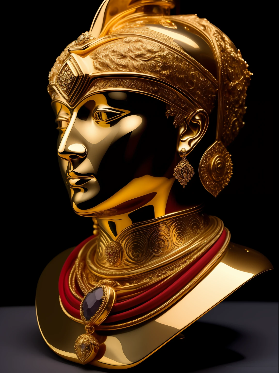um close up de um busto de ouro com uma pedra (vermelha), escultura feita de ouro, deusa. Detalhes extremamente altos, Retrato do Imperador da Humanidade, Retrato da deusa 3D, retrato close-up da deusa, Escultura grega do retrato da divindade, cinematic close-up of bust, portrait of metallic face, Santo de ouro bonito, tiro extremamente detalhado da deusa, bust with a beautiful neck and head with many (brilhantes).