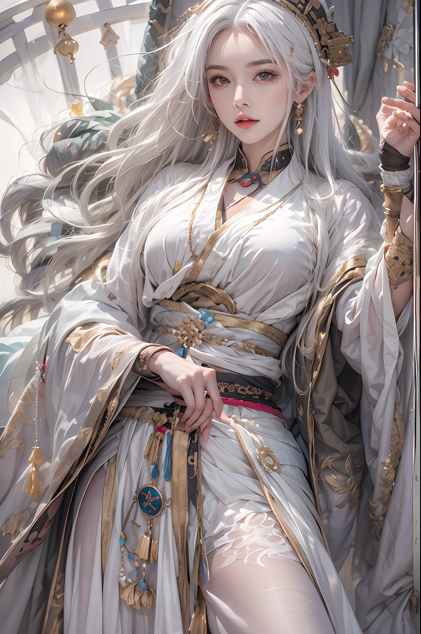 photorealistic, high resolution, 1women, solo, hips up, look at viewer, (detailed face), white hair, long hair, Taoist robe,oversized clothes, jewelry