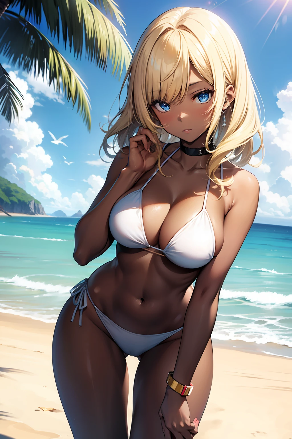 anime character, girl, 18 years old, gyaru, black skin, blonde hair, blue eyes, white bikini, on beach, 4k