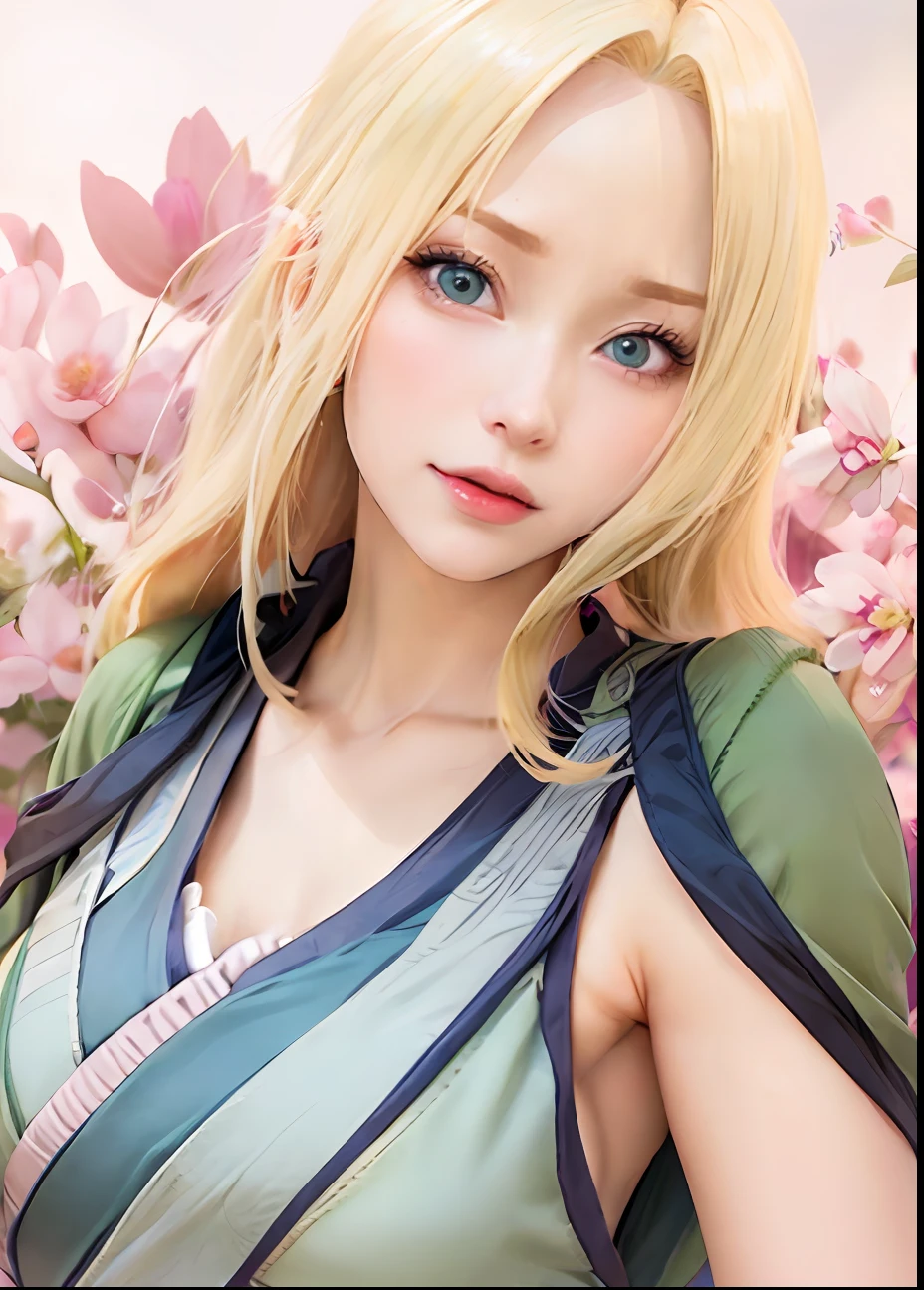 a woman with blonde hair and blue eyes in a green dress, tsunade from naruto, haruno sakura, sakura haruno, from naruto, rin, sakura haruno in slug sage mode, kunoichi, annie leonhart, looking like annie leonhart, female anime character, itatchi uchiha, naruto, rei hiroe, inspired by Maki Haku