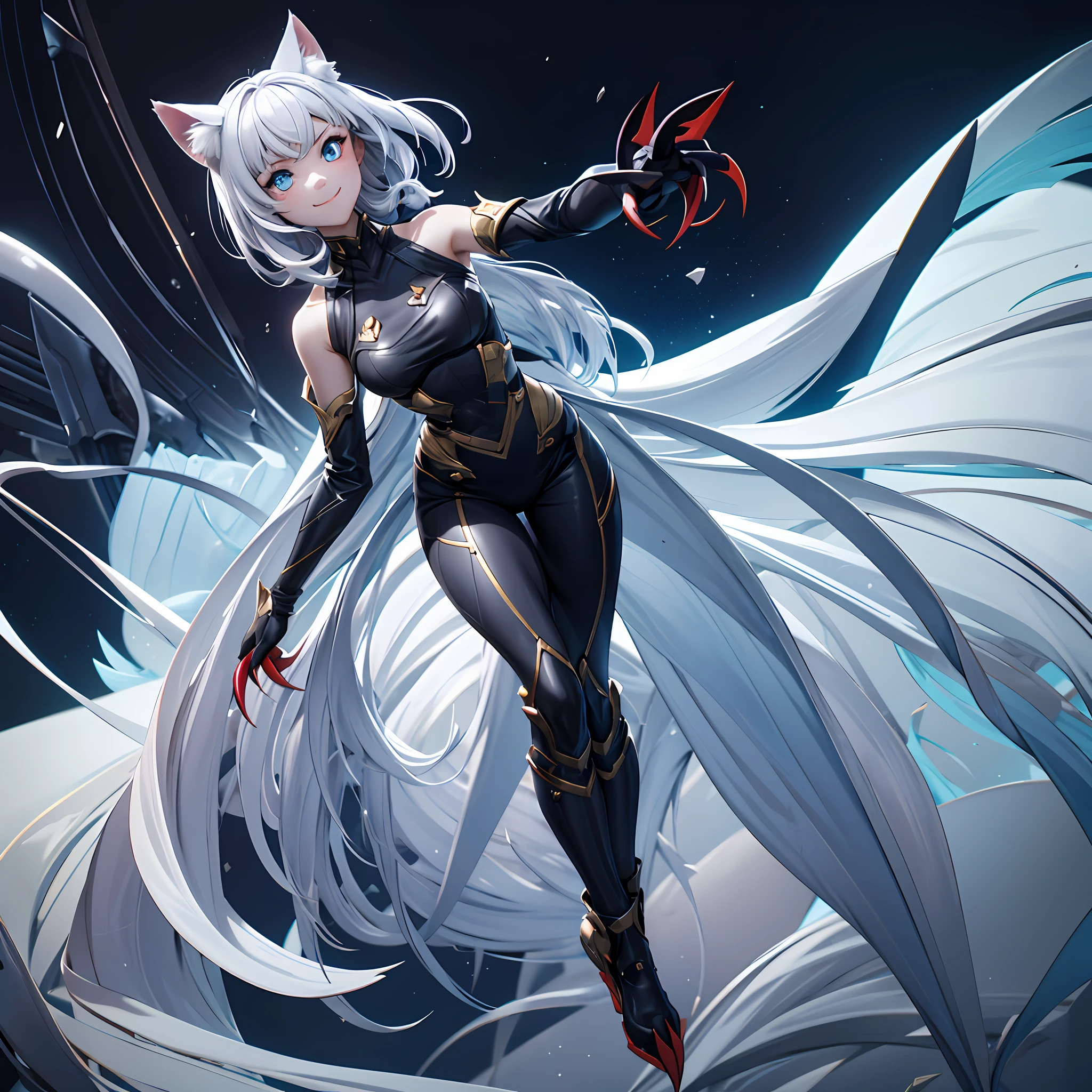 [In full figure], which are full of confidence, Strong-willed woman from the desolate future of 2182. Her sharp, Detailed eyes tell stories of survival, Her subtle manga-style smile is、Fought while hiding the scars of the battle. Slender figure, She wears sturdily, Combat attire appropriate to her lone wolf nature. Bob in her silvery angle, Decorated with cat ears, Flows seamlessly with her movements, Emphasize her agility. Despite all odds, She returned in 2082, We decided to turn the tide of events. Draw her, Both have sharp claws on their hands