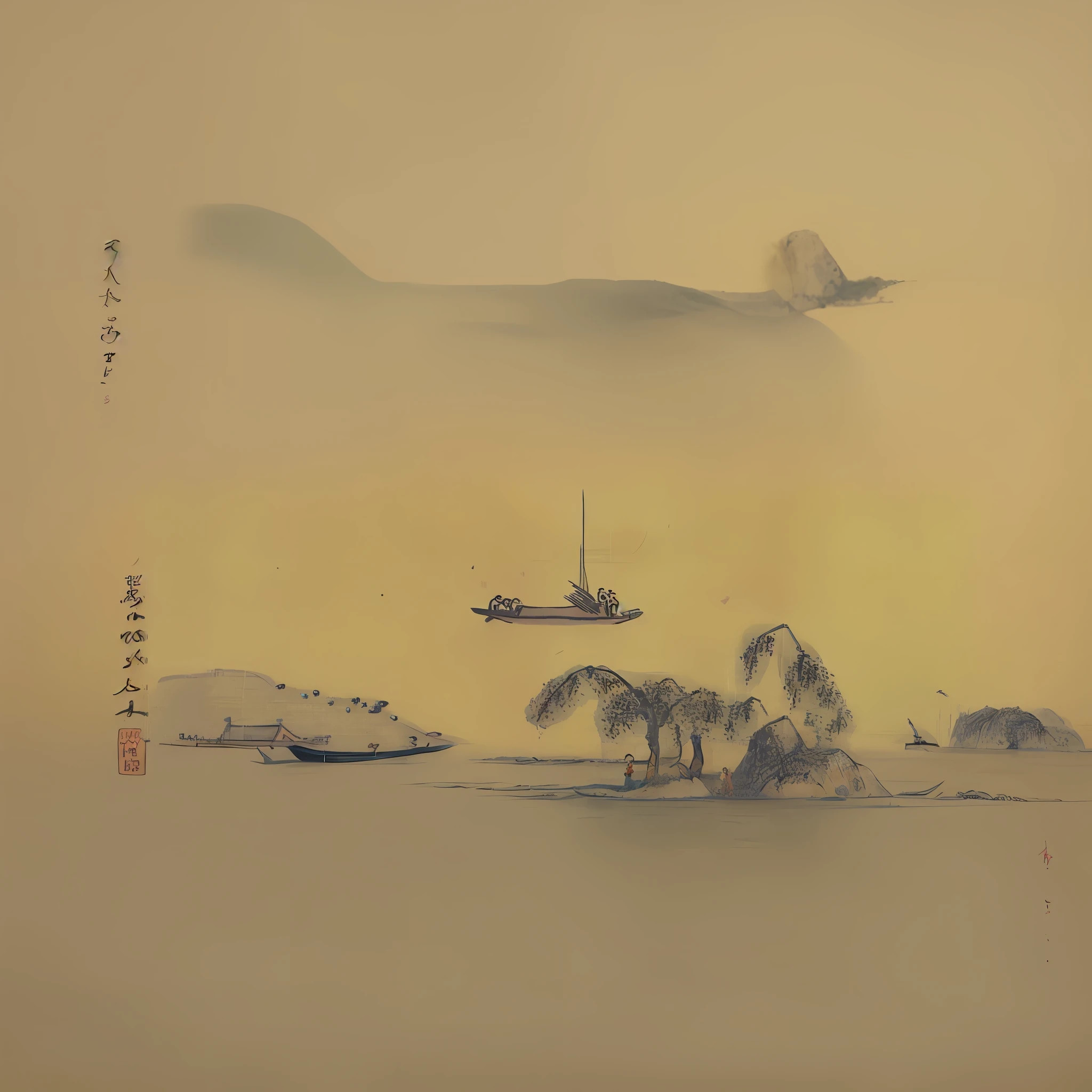There is a painting,The painting is a boat in the water,There are people above, hanging scroll, inspired by Hishida Shunsō, inspired by Katsushika Ōi, hanging silk scroll, inspired by Makuzu Kōzan, inspired by Sesshū Tōyō, inspired by Sōami