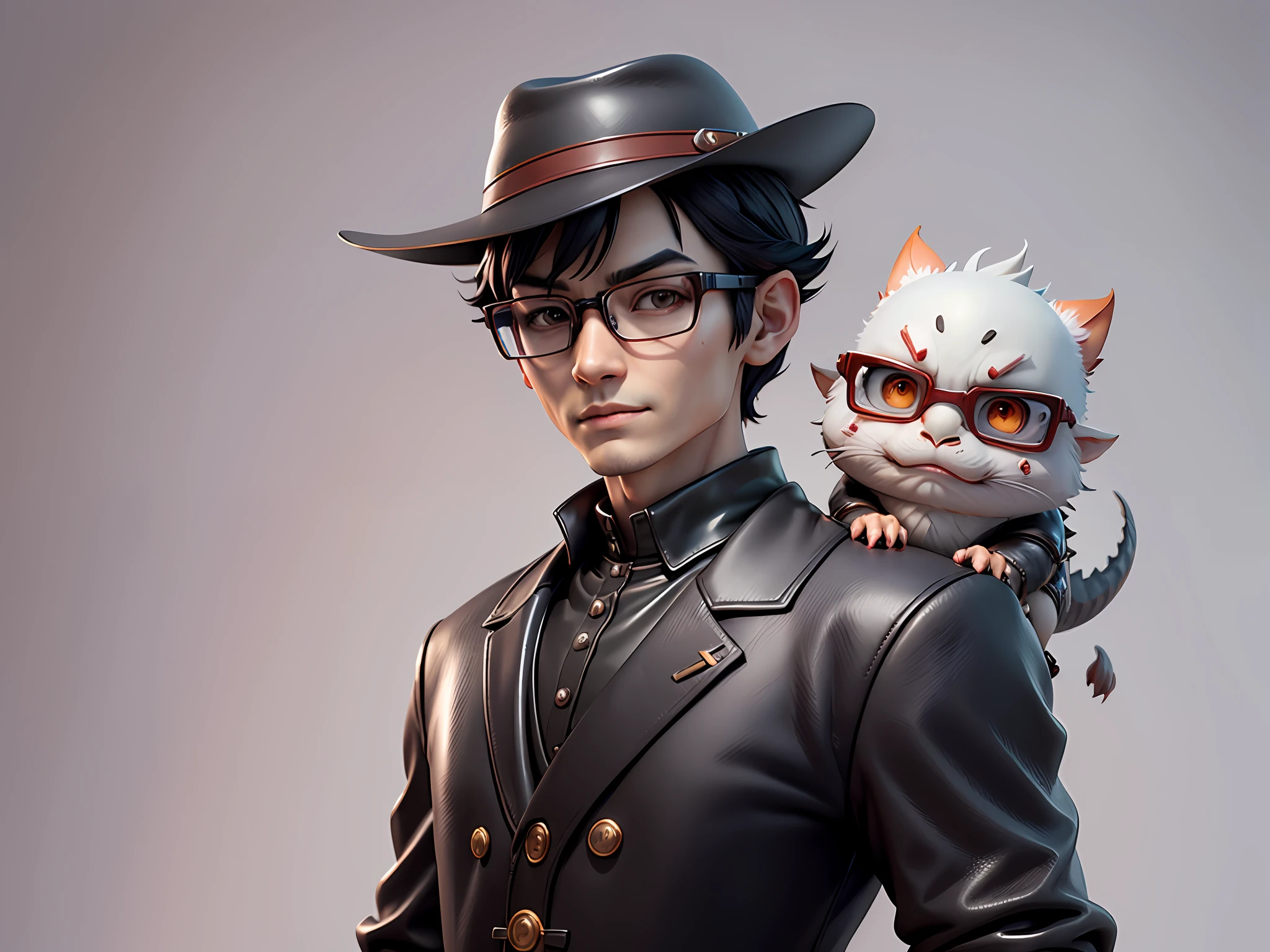 Young man with oriental face in leather hat, dragon, formal suit, short black hair, silver glasses, digital painting, 3D character design by Mark Clairedon and Pixar and Hayao Miyazaki and Akira Toriyama, the illustration is a high-definition illustration in 4K resolution with very detailed facial features and cartoon-style visuals.