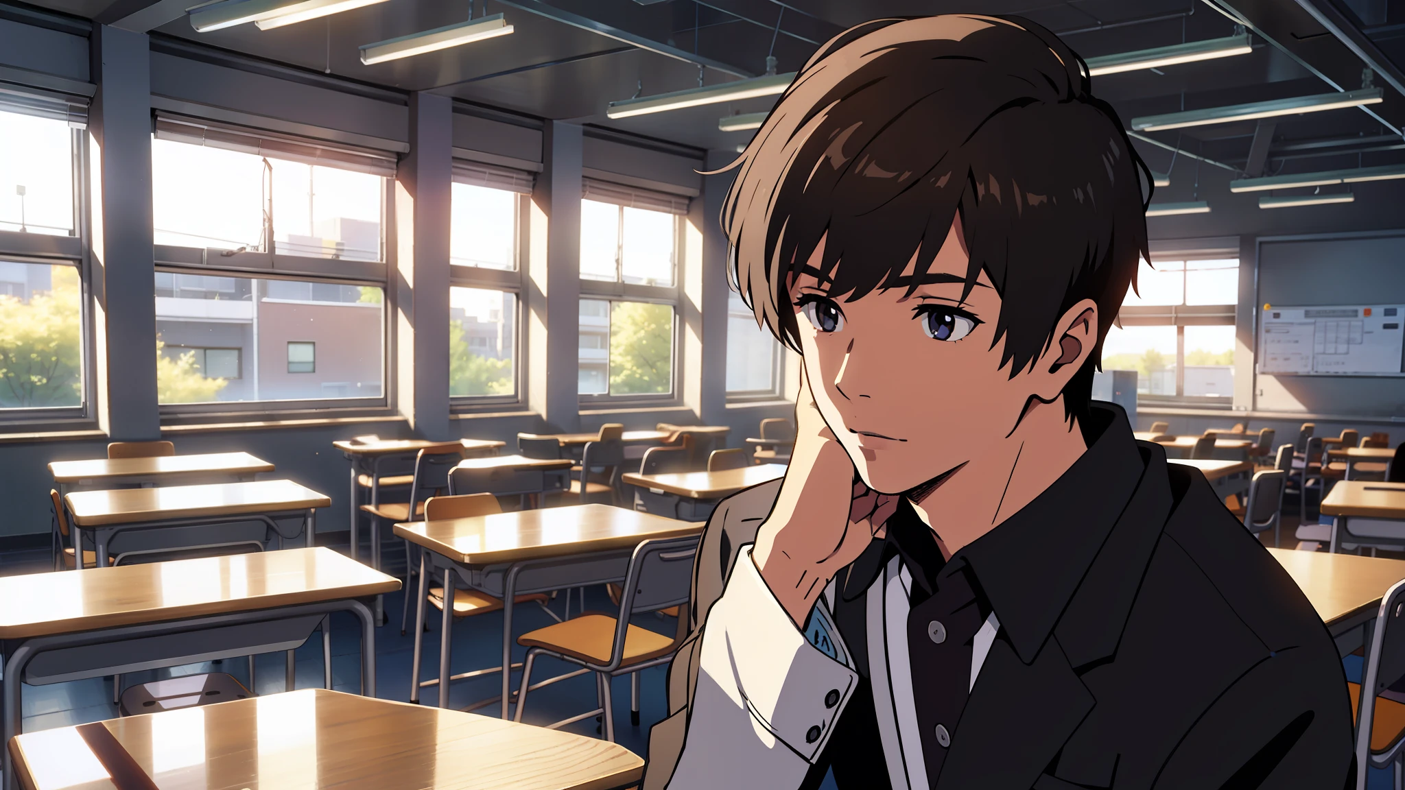 high school classroom,A handsome boy,Delicate facial features,Sit in front of the table