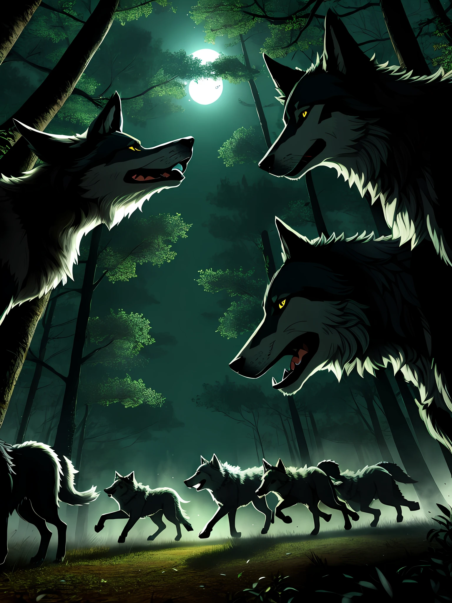 pack of wolves in the night running through a dense forest, fantasy, Spring, Lush big breasts, Toon