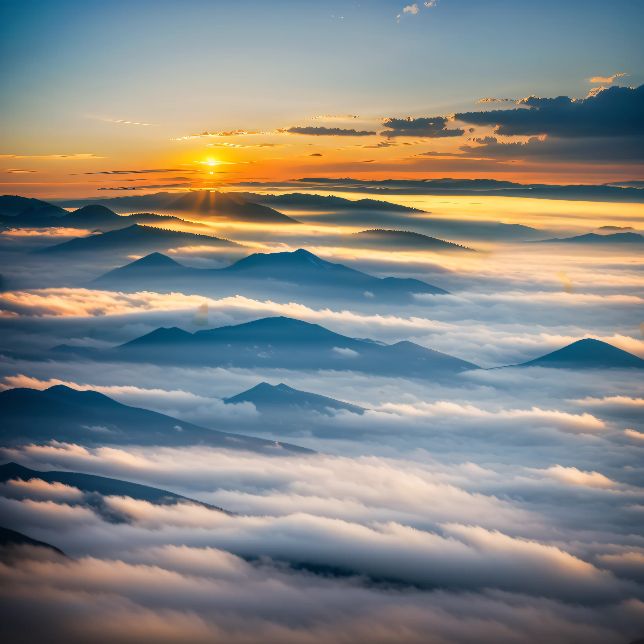 There are fewer colored clouds,There are mountains under the clouds,Part of the mountain is exposed to the peak