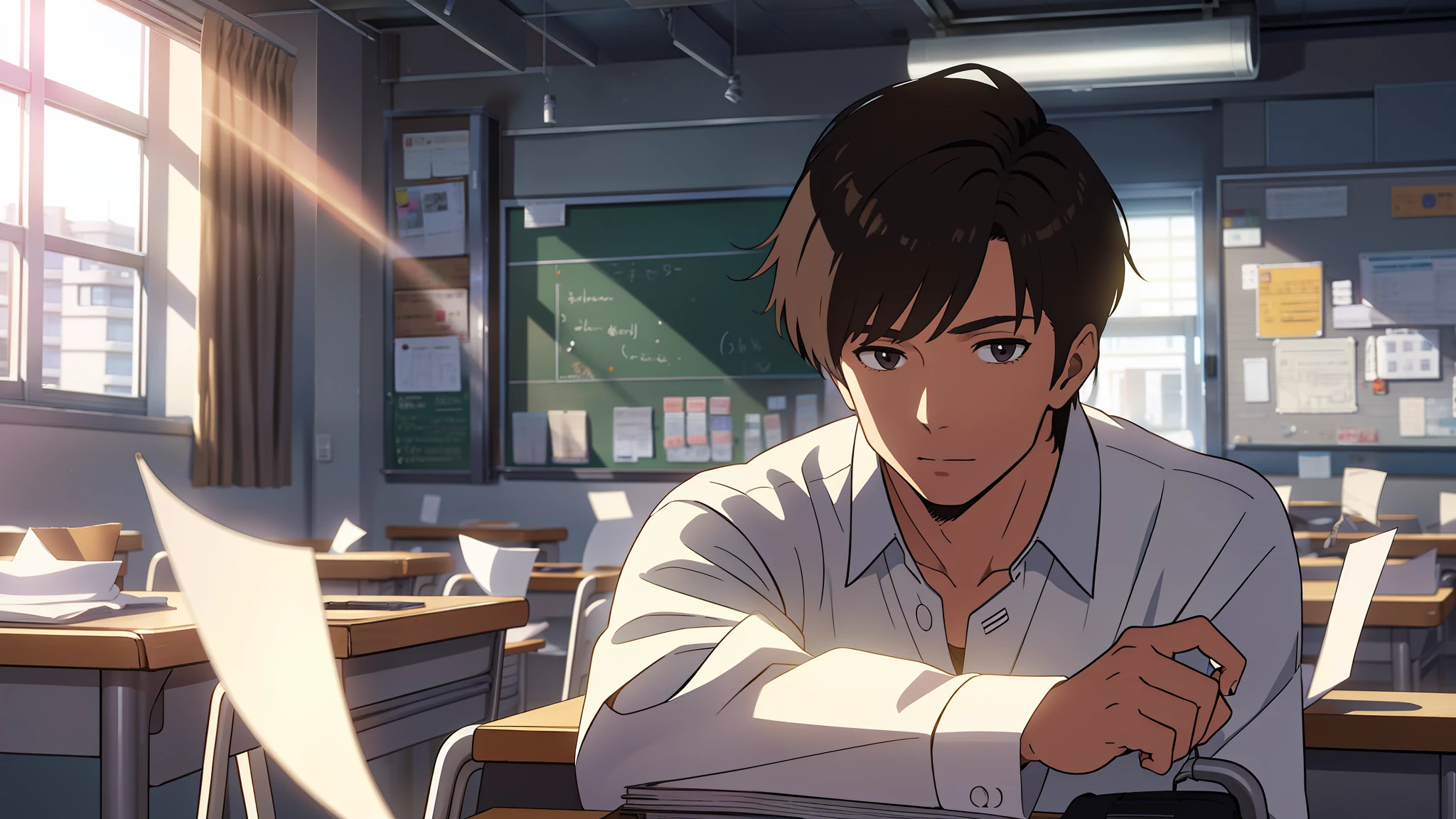high school classroom,A handsome boy,Delicate facial features,Wearing a white shirt,Sit in front of the table