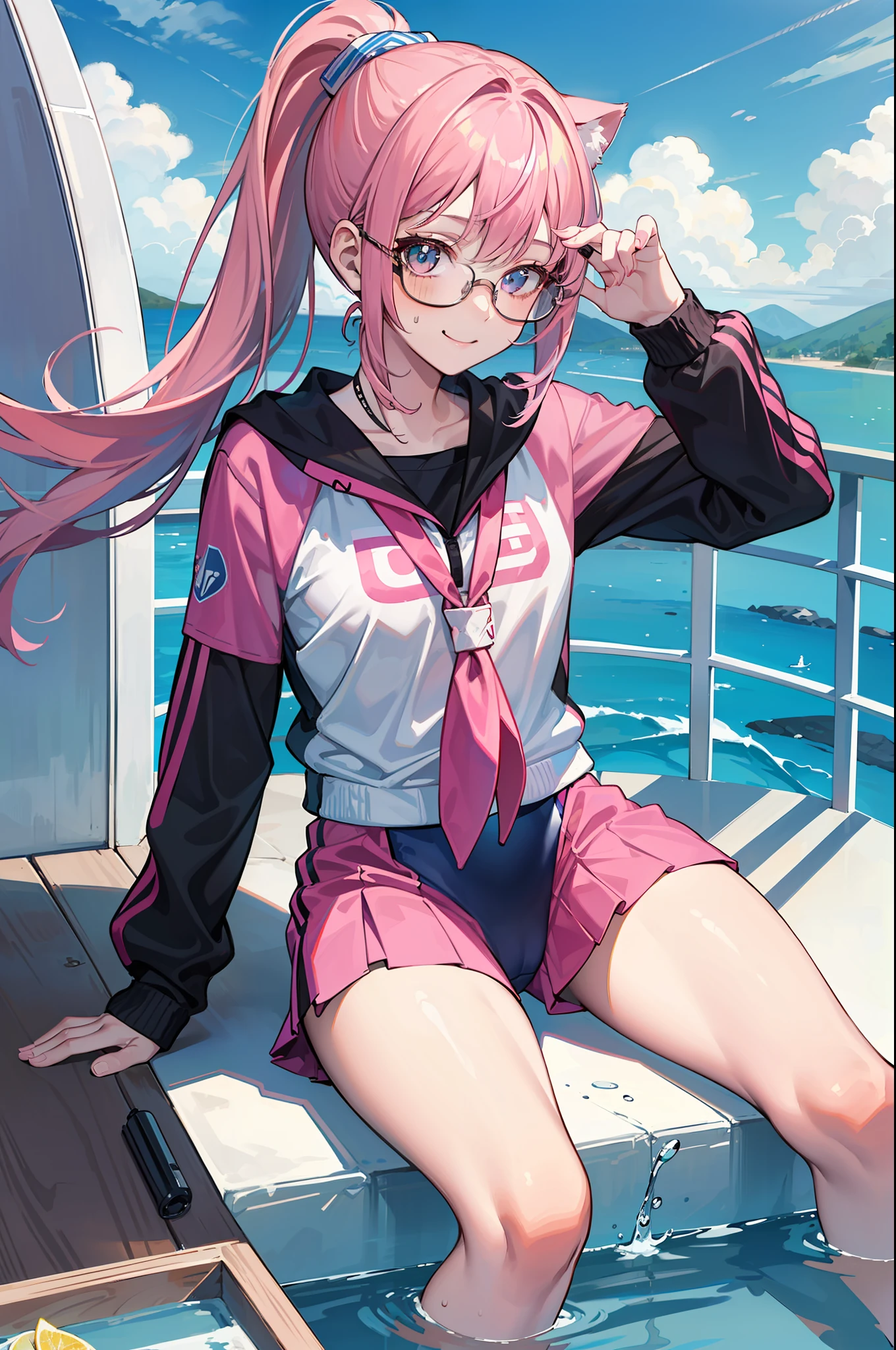 8K, (ultra - detailed), s girl，quadratic element，Pink hair，wears glasses，swimming uniform，sitted，Drinking a juice，High ponytail，ssmile，best qualtiy，cat ear，(A masterpiece)，((high qulity))，((tmasterpiece))，