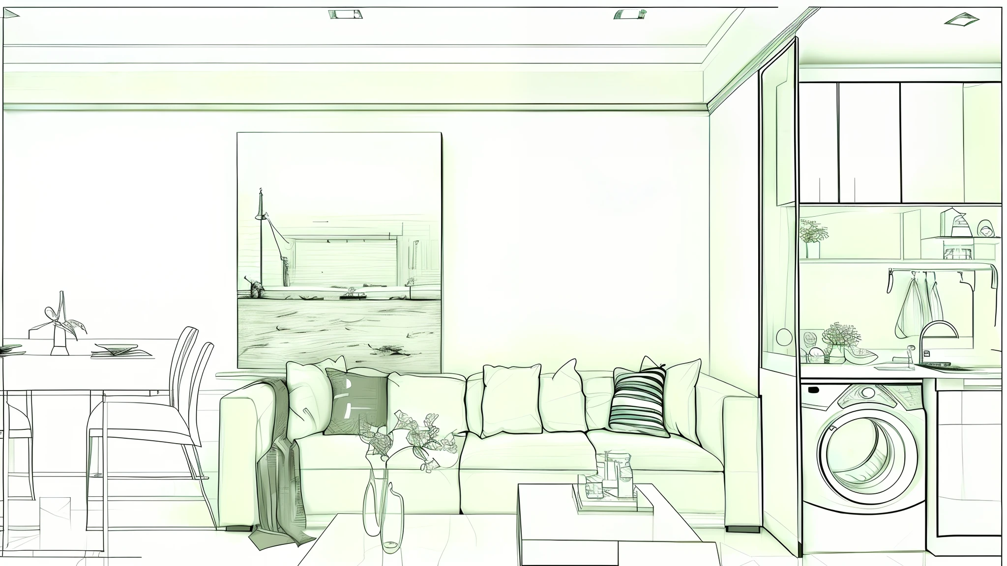 Apartment living room design apartment 411b 431px, Renderings in minimalist style,Poster style,A fusion of tradition and modernity, Fernando Amosolo, soft, muted palette, Minimalist brush work, Panorama scale, Subtle lighting - AR 16:9 ,In the middle is the living room with sofas,On the left is a dining table,On the right is the laundry area,Washing machine and dryer,Renderings, Interior design details, interior living room, interior design background, realistic line drawing, precise architectural rendering, living room interior design, building rendering, Interior design, interior design architecture, Digital rendering of architecture, living room interior