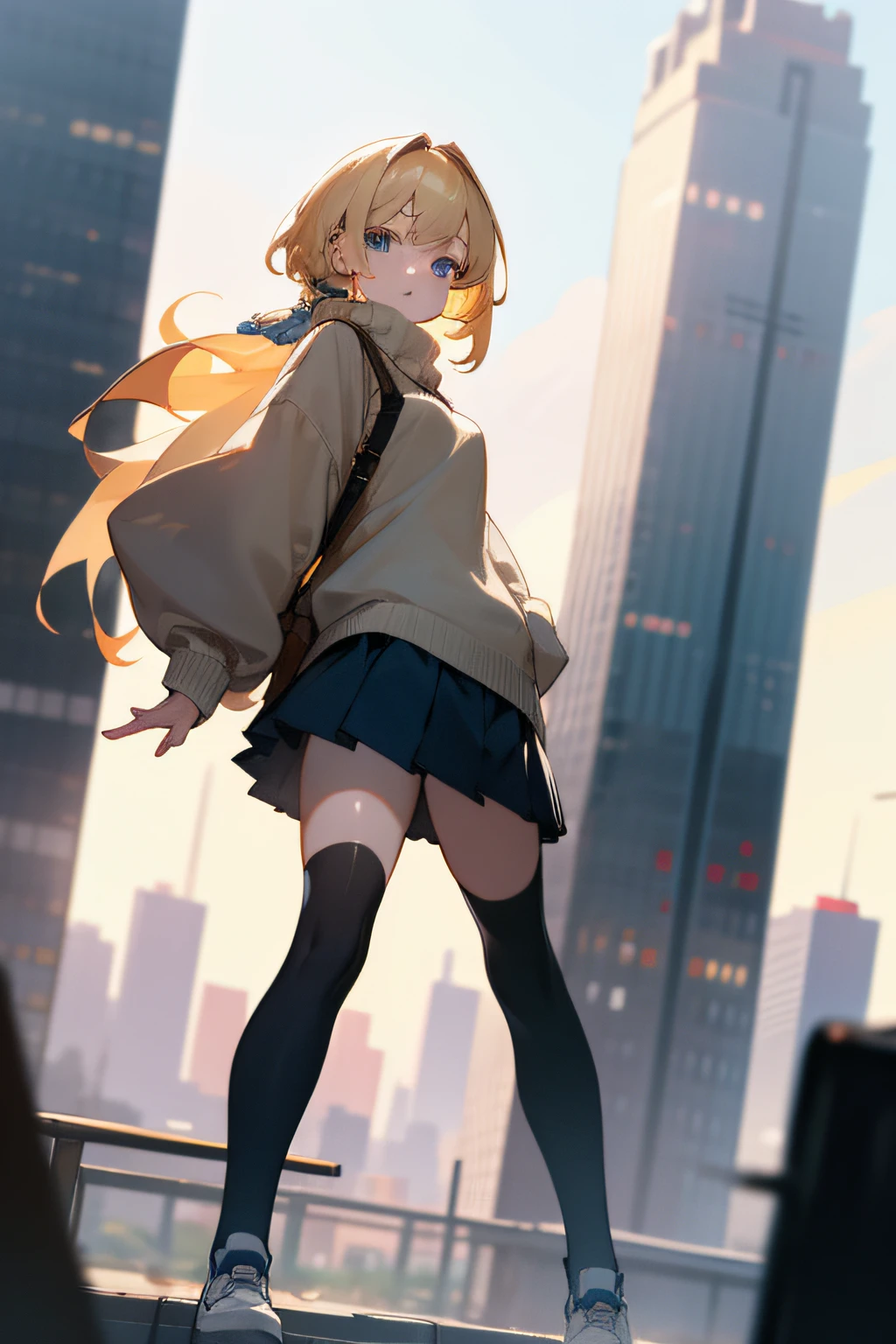 1girl, blond hair, blue eyes, pleated skirt, wearing oversized sweater, thigh-high socks, city, high res, ultrasharp, 8K, masterpiece, looking at viewer