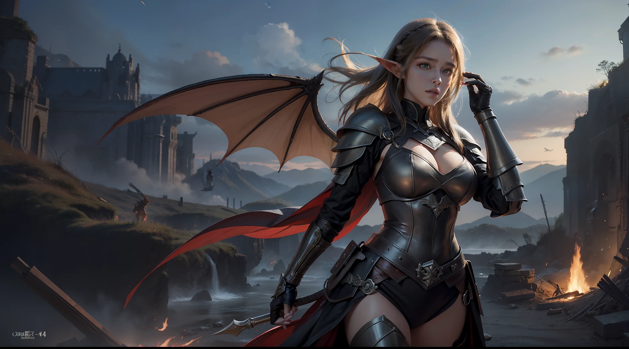 （Award-winning digital artwork：1.3） af （sketching：1.3），（with dynamism：1.3），（Saturation：1.3），（Close portrait：1.3），（femele：1.4），（big breasts beautiful： 1.4),(carismatic:1.3),Female elf，Leather armor，Perfect Detailed Eyes，Brilliant magic，battleground background，Large breasts，complex patterns，Film filter, ，dramatics，dynamicposes，illusory engine， (High detail: 1.9)，full body shot shot，Dragons fly in the distance，Pop falls