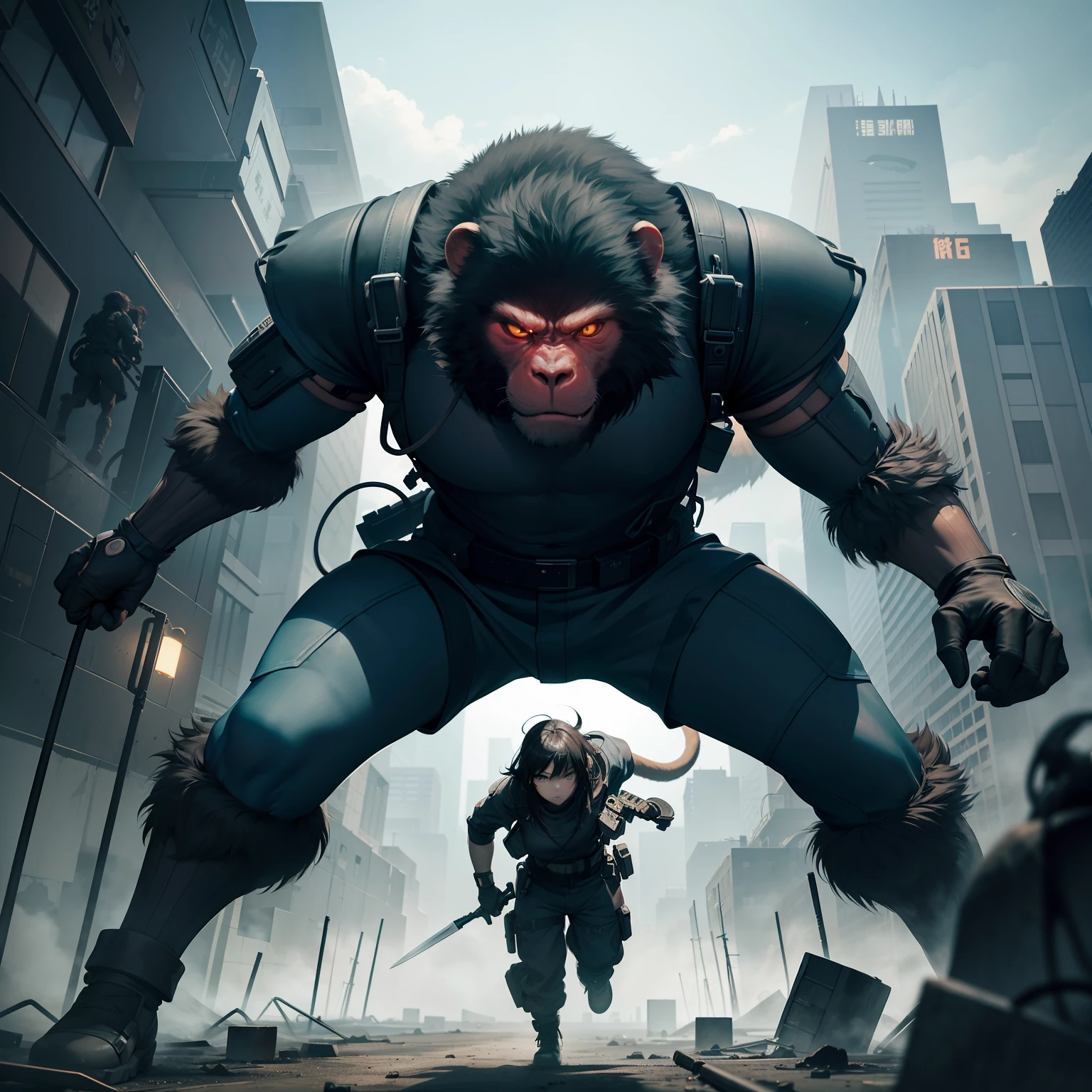 Try to visualize the dystopian future of 2500 years。There, monkeys and crabs face each other in a fierce battle on a devastated earth。Monkeys have distinctive weapons of agility and energy rods.、Crabs have strong defenses of large scissors and a protective shell.。Images in ultra-realistic style、Should be drawn in high detail and 16k resolution。The lighting is low and eerie、Highlighting the harsh realities of a dystopian world and high stakes of combat。The shot is a close-up that focuses on the fierce facial expressions of the combatants.、Should be taken with a high-resolution lens。--ar 16:9 --v 5.1 --style raw --q 2 --s 750