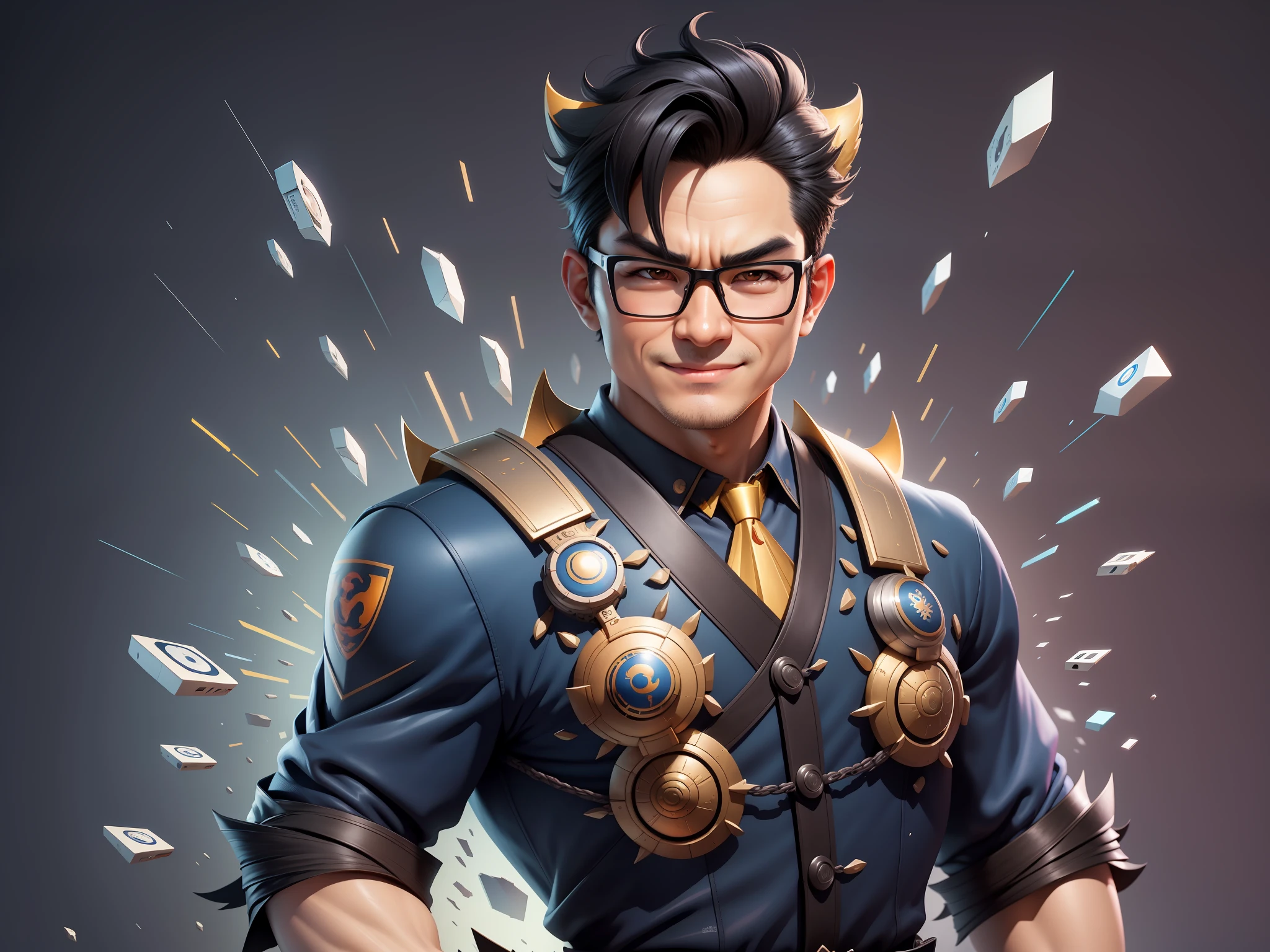 (Masterpiece), (Excellent), (Super Meticulous), (Full Body: 1.2), Super Young Man with Japanese Female Geisha, Pretty, Beautiful, Chinese Dragon, Tiger, Wind God Thor, Sexy, Bursting, Oriental Face, TV Anchor, Bust Portrait Illustration, Black Suit, Blue Tie, Slightly Chubby Face, Silver Glasses, Very Clean Face, No Beard on Chin, Black Super Short Hair, Black Eyes, Confident Smile, 3c Computer Sub-Products, iPad, iPhone, Digital Painting, 3D character design by Mark Clairedon and Pixar and Hayao Miyazaki and Akira Toriyama, the illustrations are HD illustrations in 4K resolution with highly detailed facial features and cartoon-style visuals.