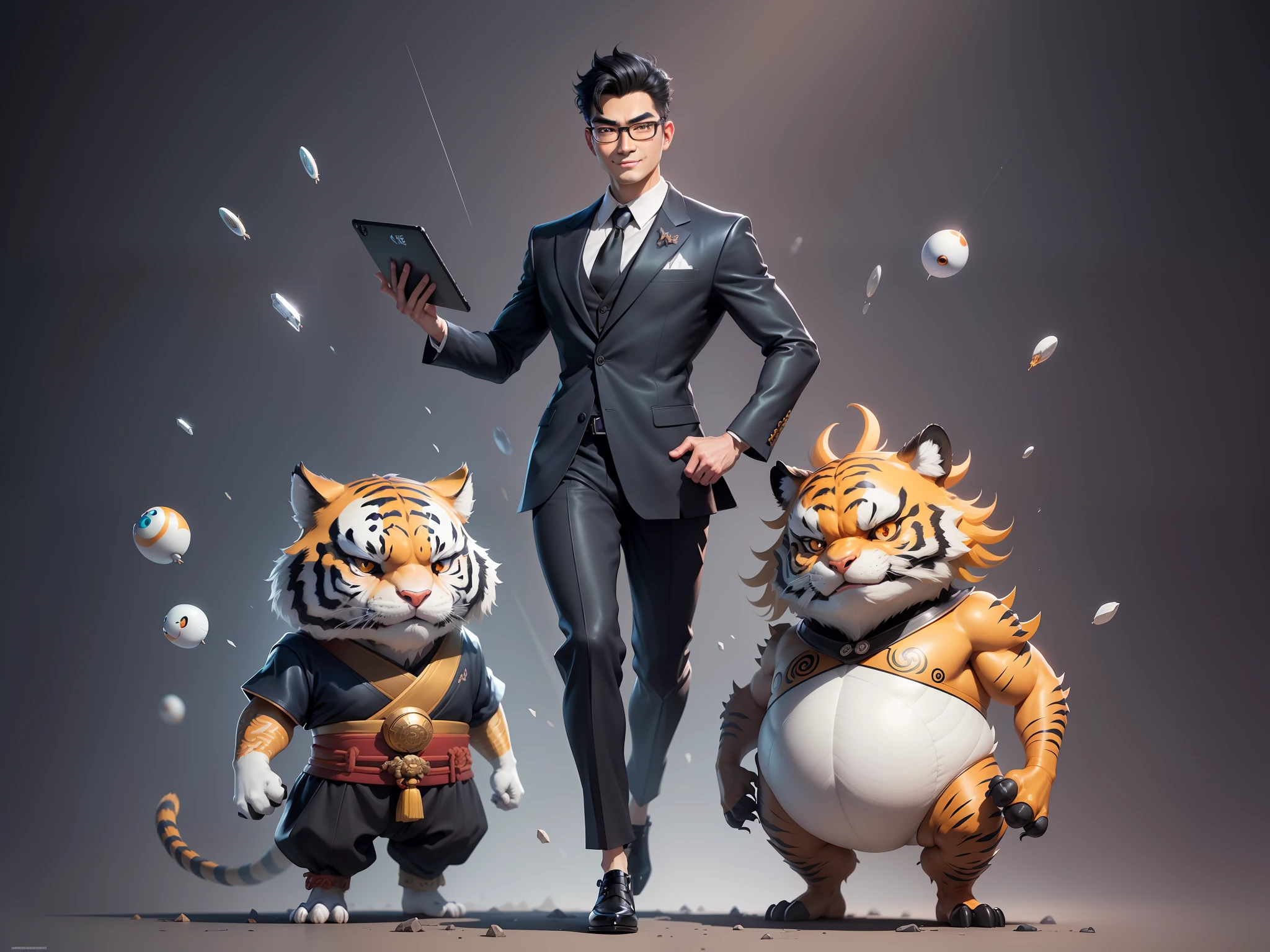 (Masterpiece), (Excellent), (Super Meticulous), (Full Body: 1.2), Super Young Man with Japanese Female Geisha, Pretty, Beautiful, Chinese Dragon, Tiger, Wind God Thor, Sexy, Bursting, Oriental Face, TV Anchor, Bust Portrait Illustration, Black Suit, Blue Tie, Slightly Chubby Face, Silver Glasses, Very Clean Face, No Beard on Chin, Black Super Short Hair, Black Eyes, Confident Smile, 3c Computer Sub-Products, iPad, iPhone, Digital Painting, 3D character design by Mark Clairedon and Pixar and Hayao Miyazaki and Akira Toriyama, the illustrations are HD illustrations in 4K resolution with highly detailed facial features and cartoon-style visuals.