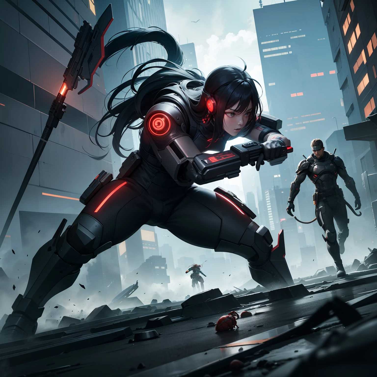 Imagine a cyberpunk-inspired battle scene on 2500 years of devastated Earth。Combat participants are monkeys and crabs、Each of them faces each other。Monkeys have distinctive weapons of agility and energy rods.、Crabs have strong defenses of large scissors and a protective shell.。Images in ultra-realistic style、Should be drawn in high detail and 16k resolution。The lighting is dramatic and demanding.、Highlights fierce fighting and devastated surroundings。Shots should be taken with a wide-angle lens to capture the entire battle。--ar 16:9 --v 5.1 --style raw --q 2 --s 750