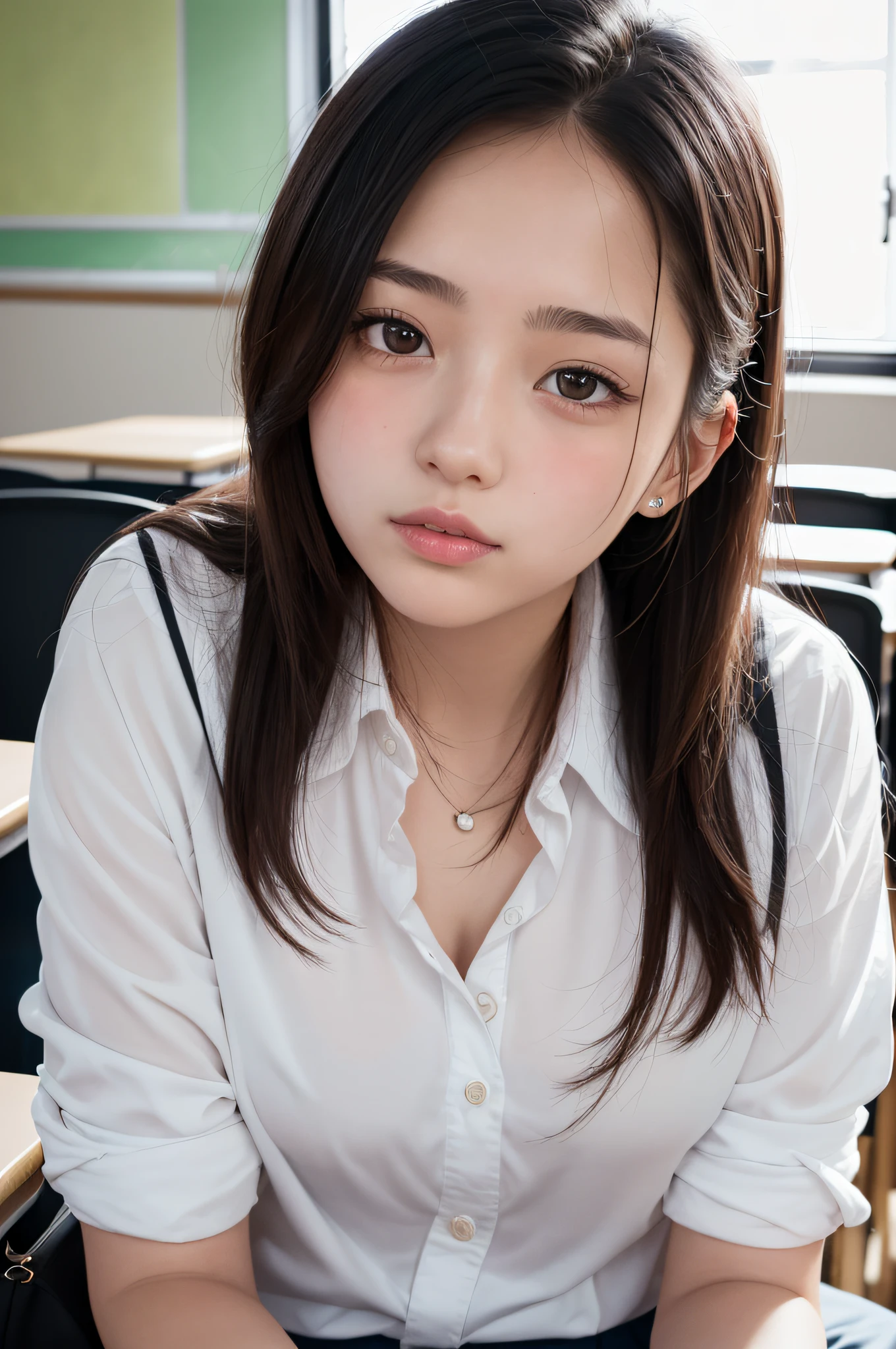 ((masterpiece)),((best quality)),absurdres,
1girl, sitting _cowgirl position, pov, school uniform,
(classroom:1.1), sunlight, (half-closed eyes:0.4), (parted lips:1.4), (nose blush:1.2), light smile,