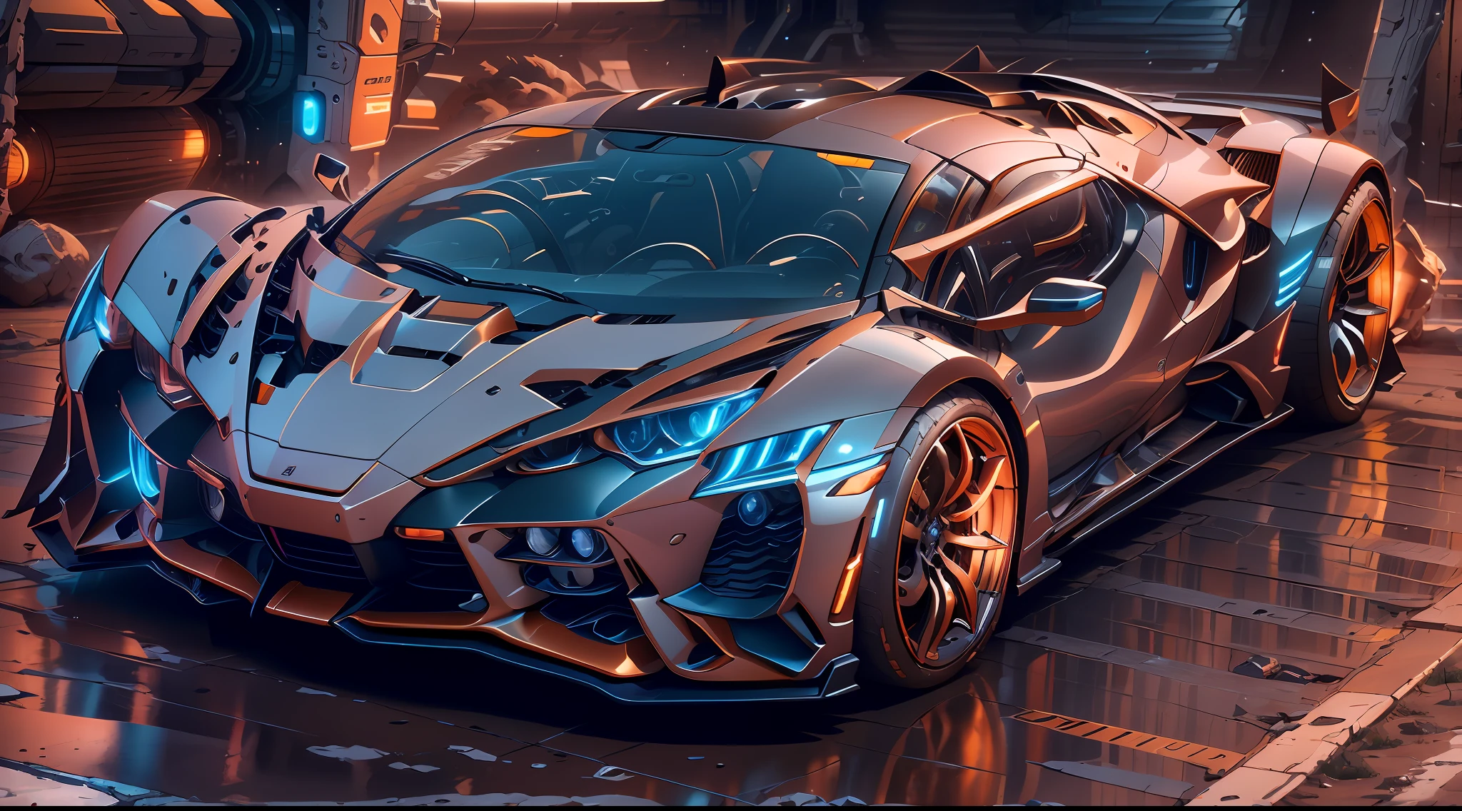 A sports car,mechs,Background cyberpunk,Best picture quality,High chiaroscuro,Cinematic texture,C4D render,Sharpen 1.4,Strong realism,The metal material is real,High detail and ultra-high image quality1.5,16K resolution,