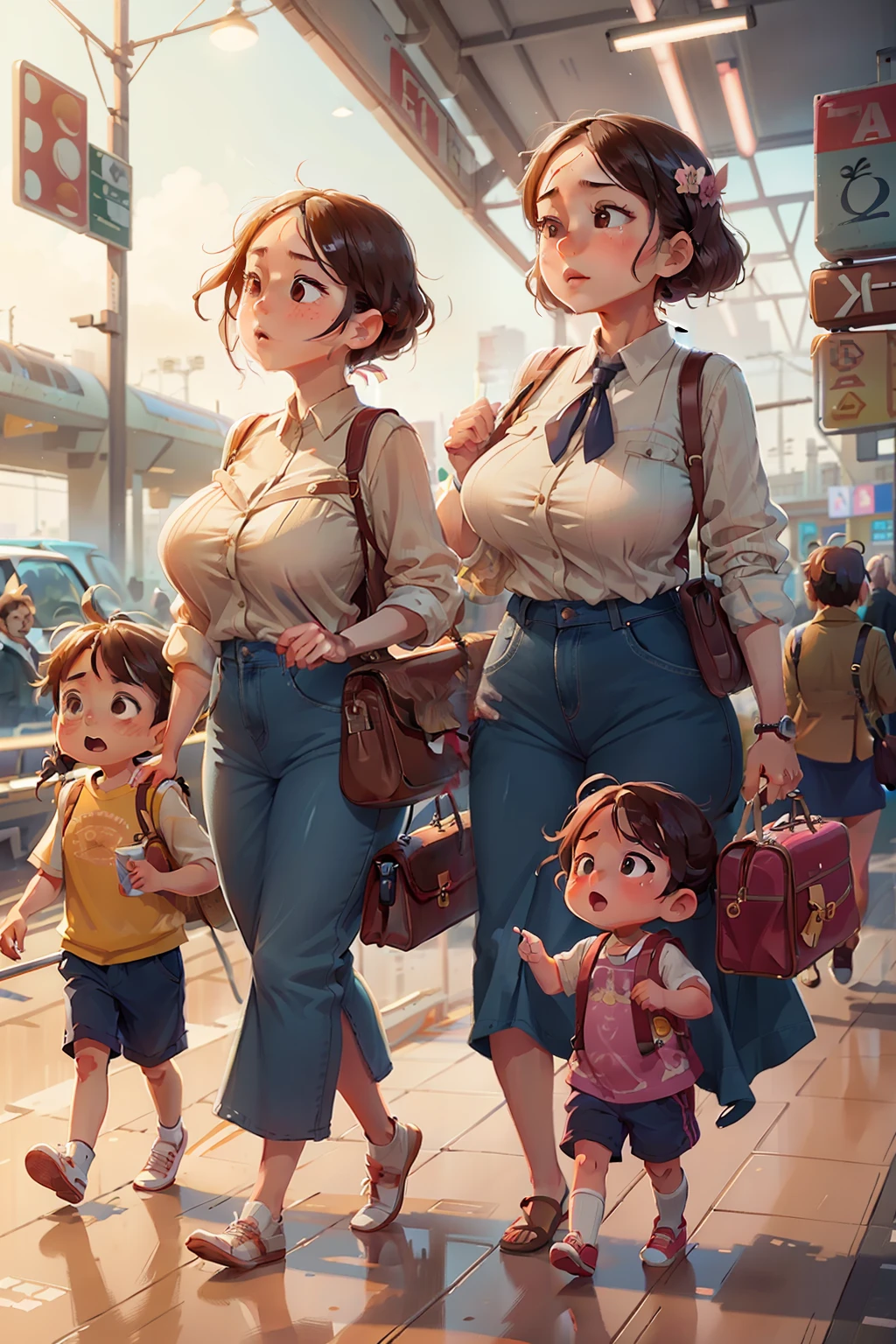 The family travels,Dragging suitcases,daddy、mother with big breasts、The daughter,High-speed rail station