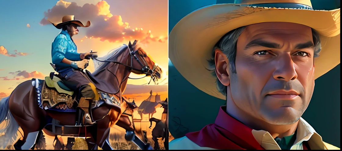 Image of actor Antonio Fagundes in a cowboy hat mounted on a horse from the soap opera Rei do Gado, CGI realista, 9 0 s CGI, amazing cgi, cgi animation, Filme CGI, inspirado em Frederic Remington, CGI Efeitos Especiais, western animation, pixar animation,hiper detalhado, CGI inicial, CGI da Pixar, rotoscopia, CGI hiperrealista, Arte CGI, BoJack Horseman na vida real