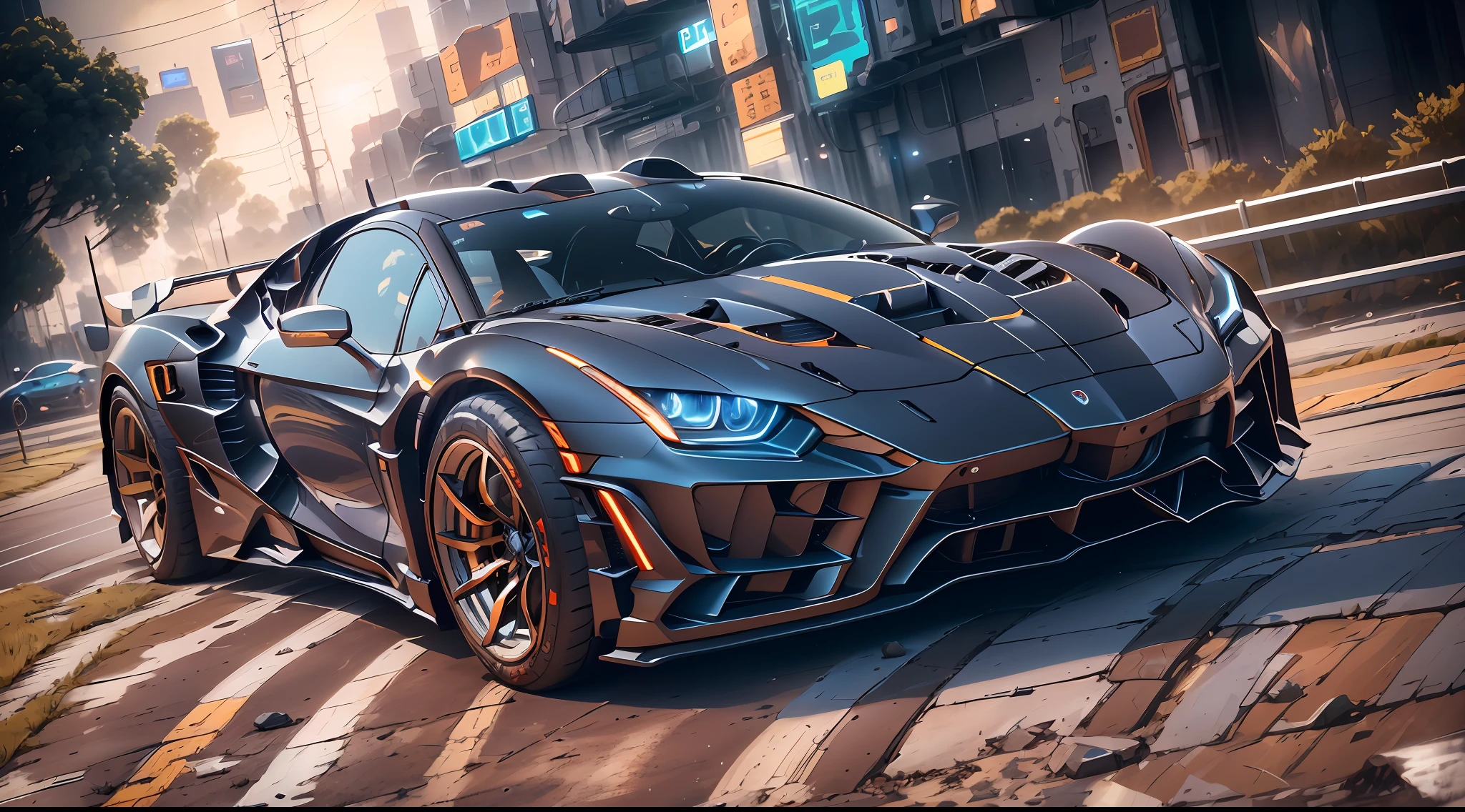 A sports car，mechs，Background cyberpunk，Best picture quality，High chiaroscuro，Cinematic texture，C4D render，Sharpen 1.4，Strong realism，The metal material is real，High detail and ultra-high image quality1.5，16K resolution，