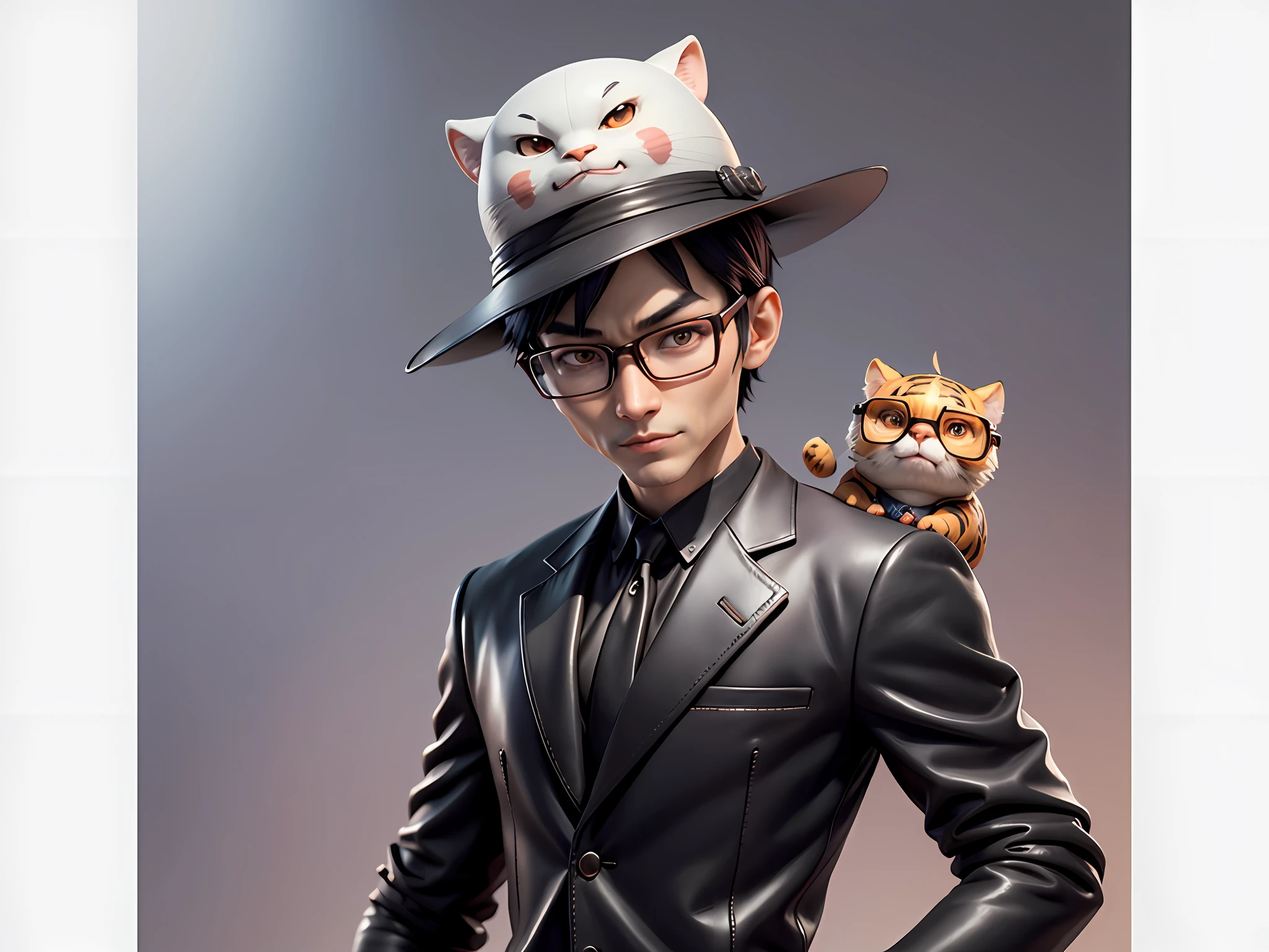 Young man with oriental face in leather hat, tiger, oriental face in formal suit, short black hair, silver glasses, digital painting, 3D character design by Mark Clairedon and Pixar and Hayao Miyazaki and Akira Toriyama, the illustration is a high-definition illustration in 4K resolution with very detailed facial features and cartoon-style visuals.