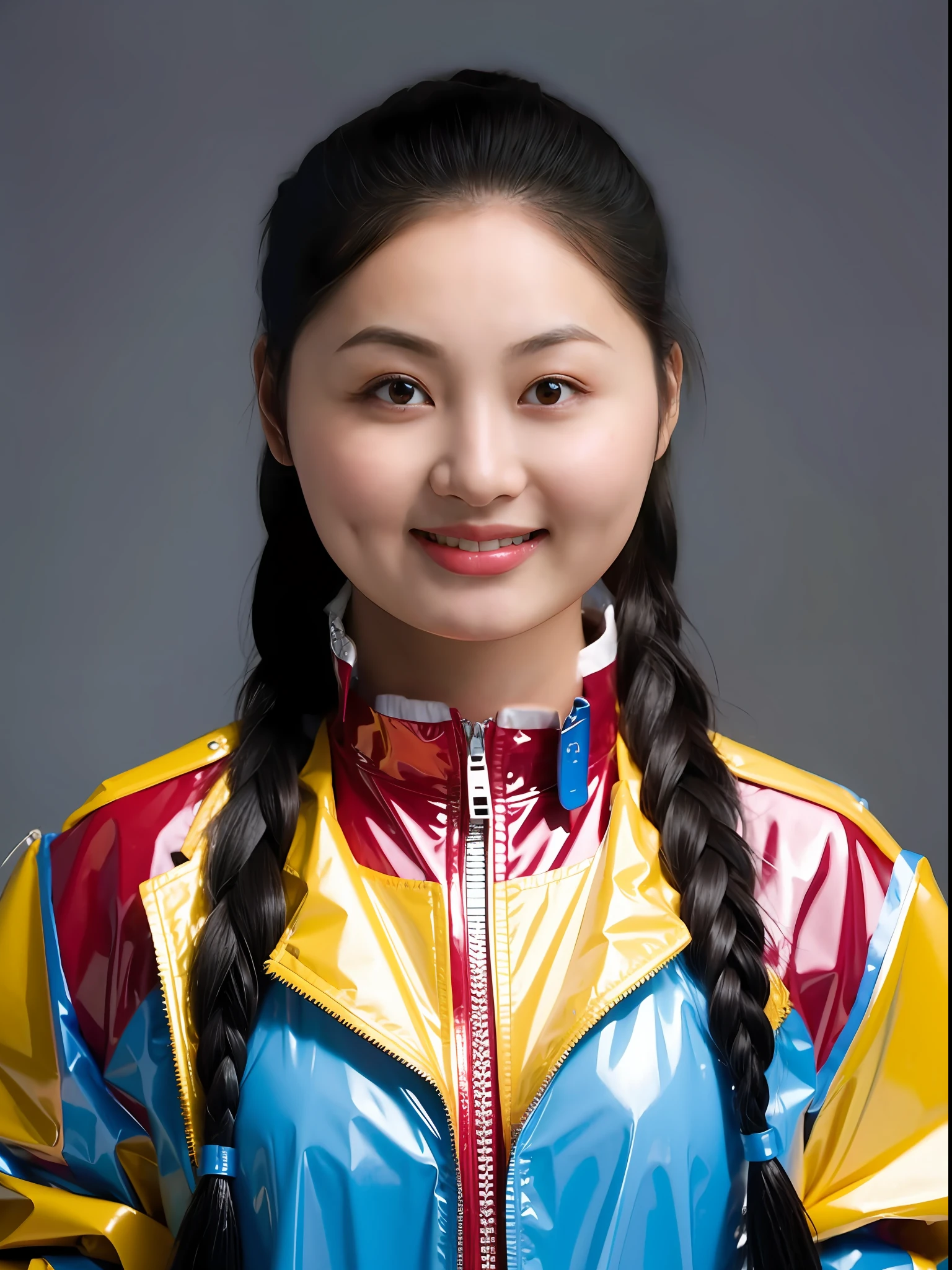 A Chinese high school girl，Wearing a PVC blue raincoat，There are zippers，Braid