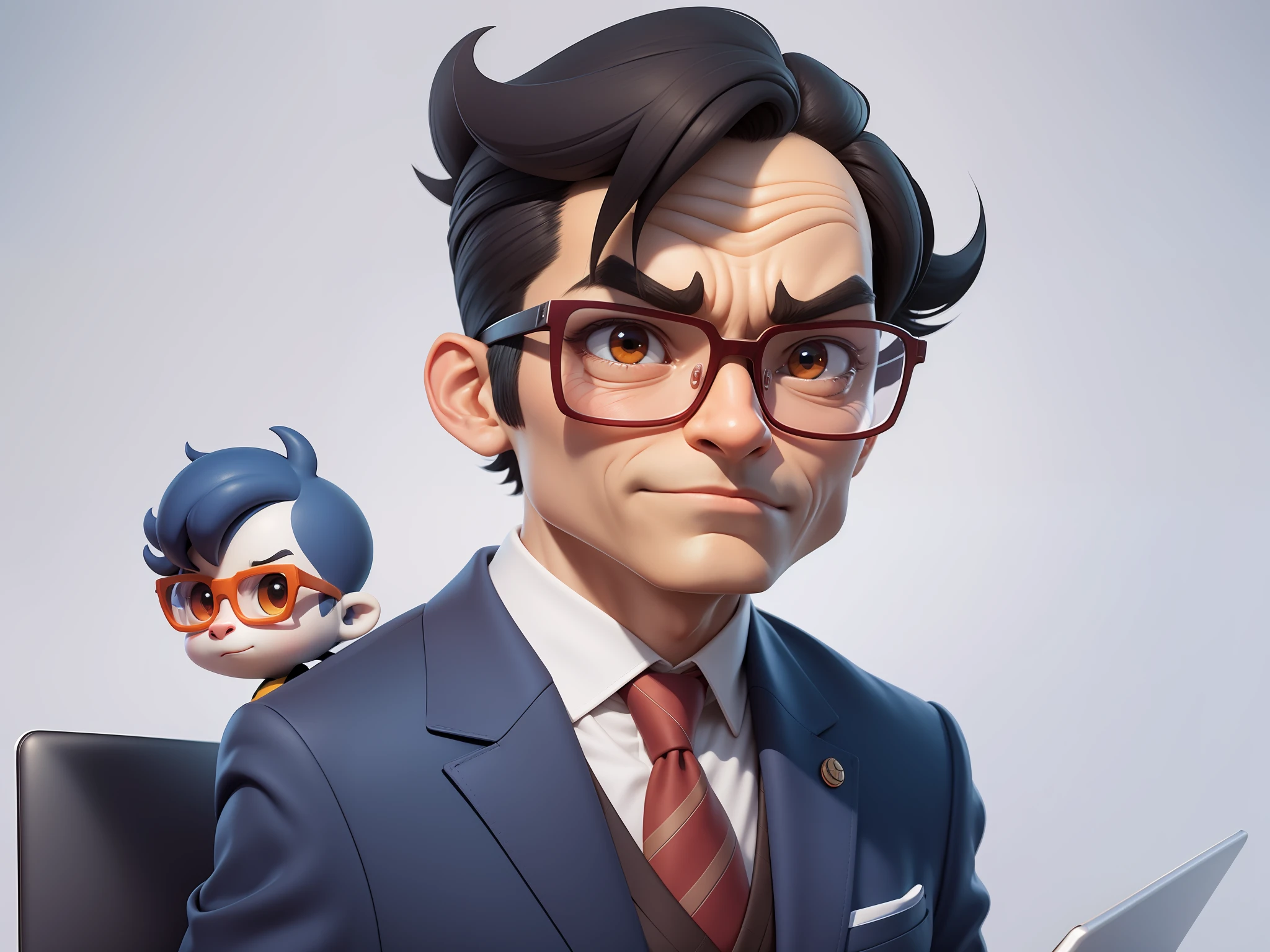 A young man in a suit, Short hair and glasses sat at his desk,holding laptop,digitial painting,tigre,3D character design by Mark Clairen and Pixar and Hayao Miyazaki and Akira Toriyama,4K HD illustration,Very detailed facial features and cartoon-style visuals。
