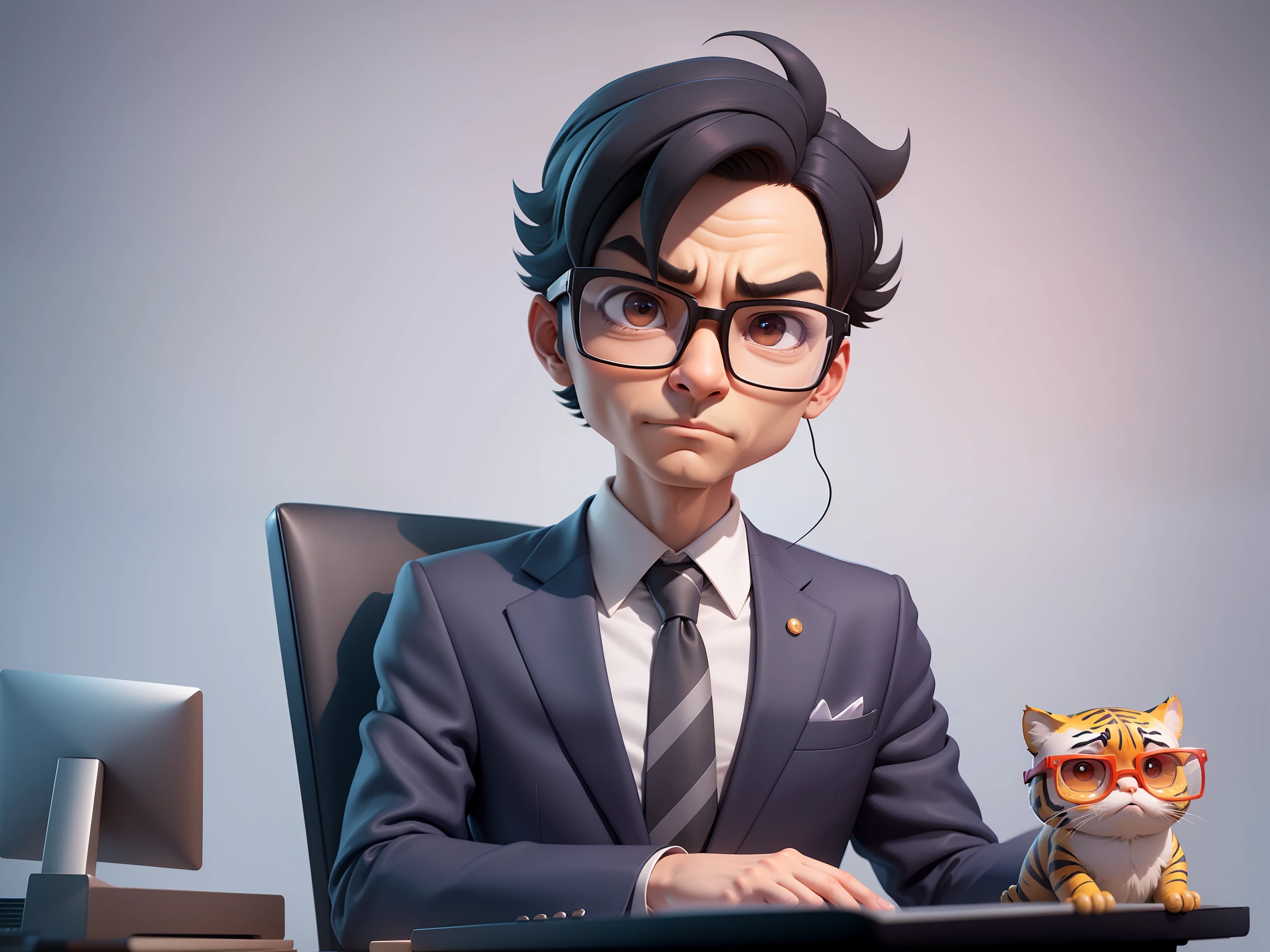 A young man in a suit, Short hair and glasses sat at his desk,holding laptop,digitial painting,tigre,3D character design by Mark Clairen and Pixar and Hayao Miyazaki and Akira Toriyama,4K HD illustration,Very detailed facial features and cartoon-style visuals。