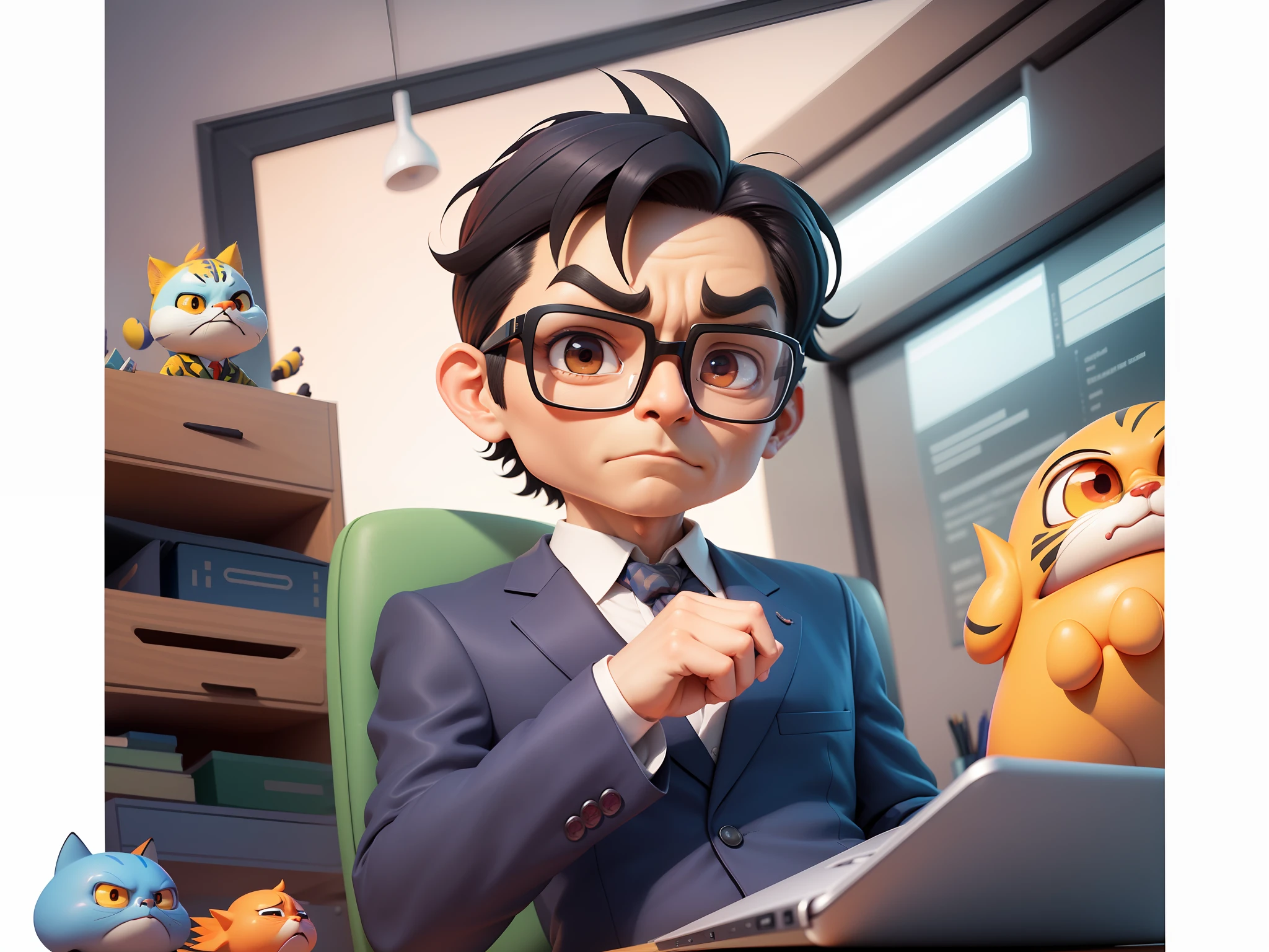 A young man in a suit, Short hair and glasses sat at his desk，holding laptop，digitial painting，tigre，3D character design by Mark Clairen and Pixar and Hayao Miyazaki and Akira Toriyama，4K HD illustration，Very detailed facial features and cartoon-style visuals。