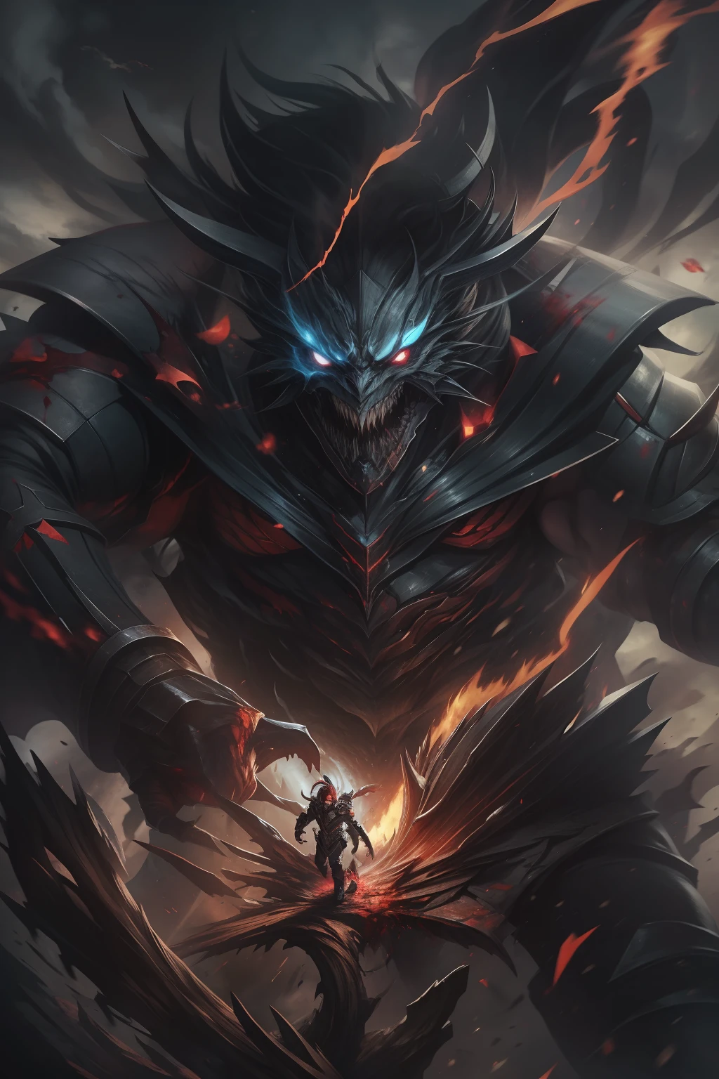hell,magma,火焰,Purple flame,((Super huge, thick and sharp giant claws)),(((Black quaint hideous scale armor))),(((The scales are covered with thick barbs)))((Super thick and terrifying scale armor)),Wrap the whole body,((Bloodthirsty and murderous devil man)),standing on your feet,Ugly face,full body pov,Black lightning streaks through the heavens and the earth,(((A tumbling thick sea of clouds is at your feet))),(Blood smeared all around),((Blood dripped from between the claws))stereoscopic perspective,Works of masters,super-fine,4K分辨率,high qulity,电影灯光,High picture detail,dynamic viewing angle,Detailed pubic hair,Epic shooting
