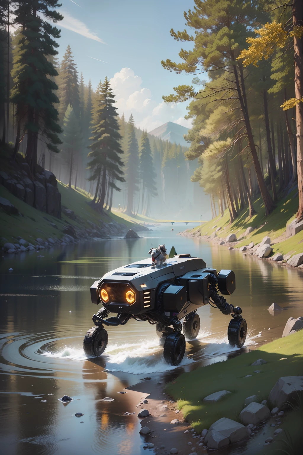 beside a river,beautiful surroundings,A robot dog that can adapt to rough terrain,A sense of future technology,Perception technology,