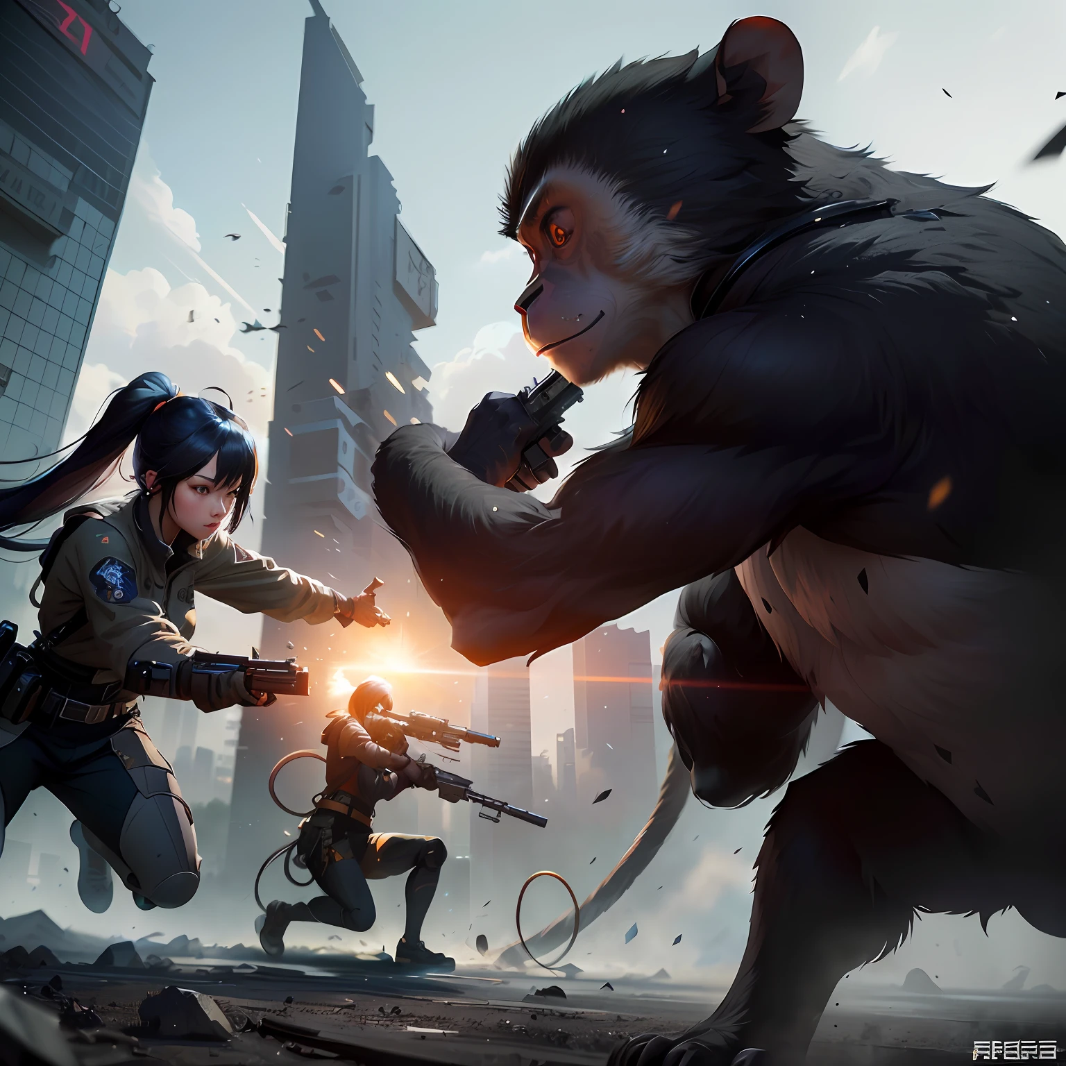 Anime - artwork in the style of a monkey attacking a girl with a gun, wojtek fus, cgsociety and fenghua zhong, Trending in CGsociety, wlop and ross tran, ross tran and bayard wu, concept art like ernest khalimov, cgsociety concept art, CG Society Art Trends, artgerm and atey ghailan