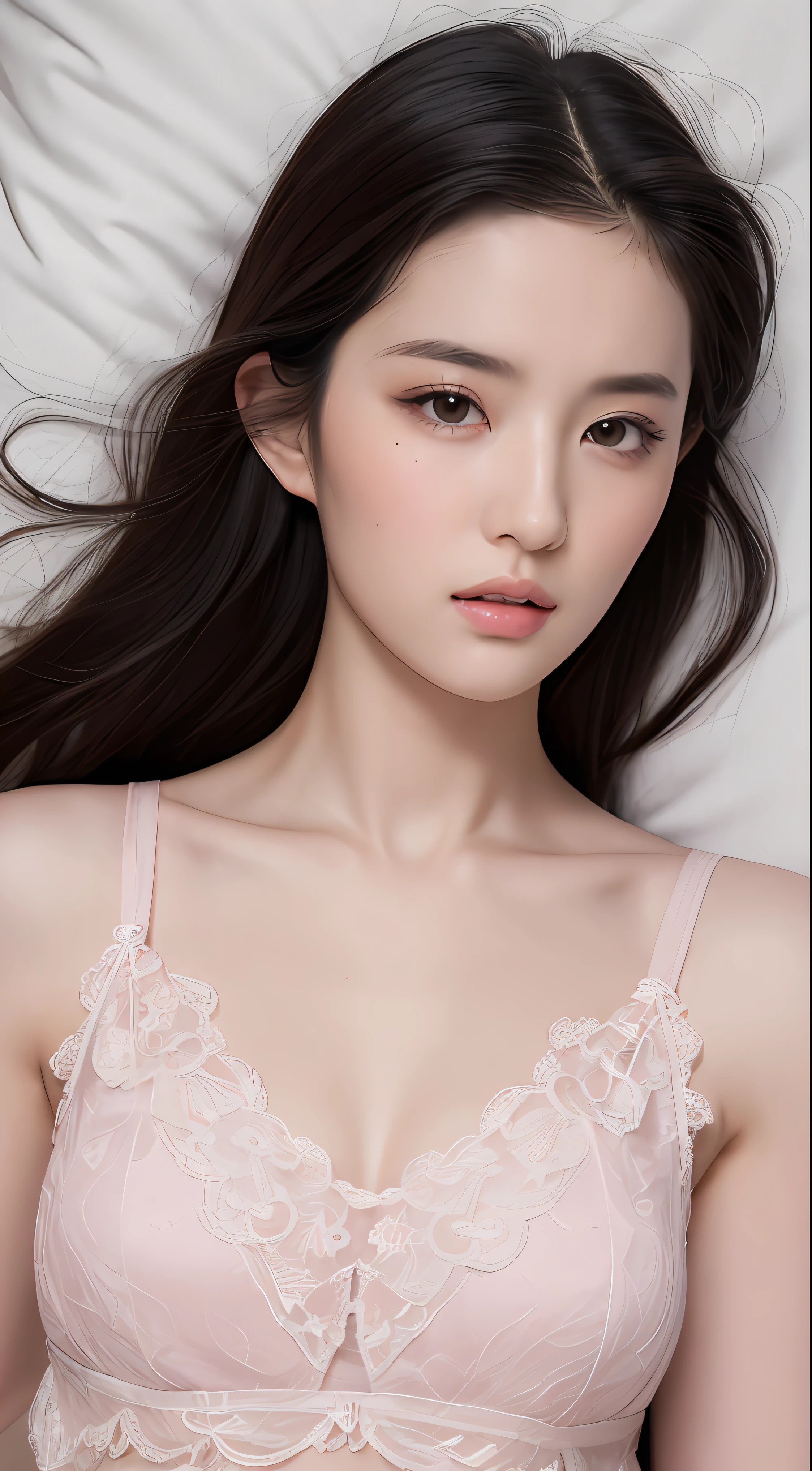 ((Top quality, 8k, Masterpiece: 1.3)), beauty, hidden face, 1 girl, beauty: 1.3, slender abs: 1.1, camisole vest, long black hair, (sitting on bed), ultra-detailed face, highly detailed lips, detailed eyes, double eyelids, pink lace suspenders,