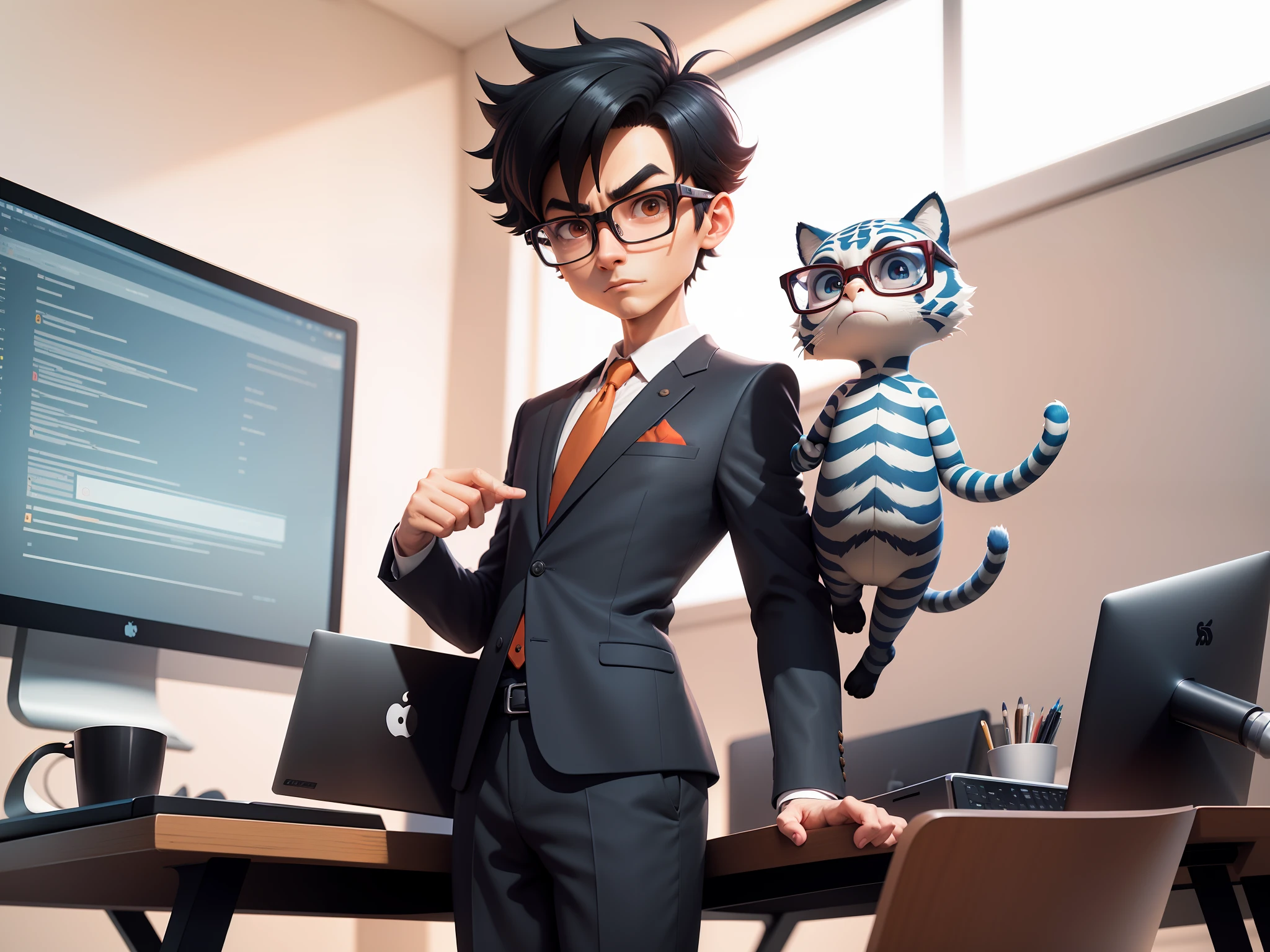 A young man in a suit and pants, Short hair and glasses sat at his desk，holding laptop，digitial painting，tigre，3D character design by Mark Clairen and Pixar and Hayao Miyazaki and Akira Toriyama，4K HD illustration，Very detailed facial features and cartoon-style visuals。