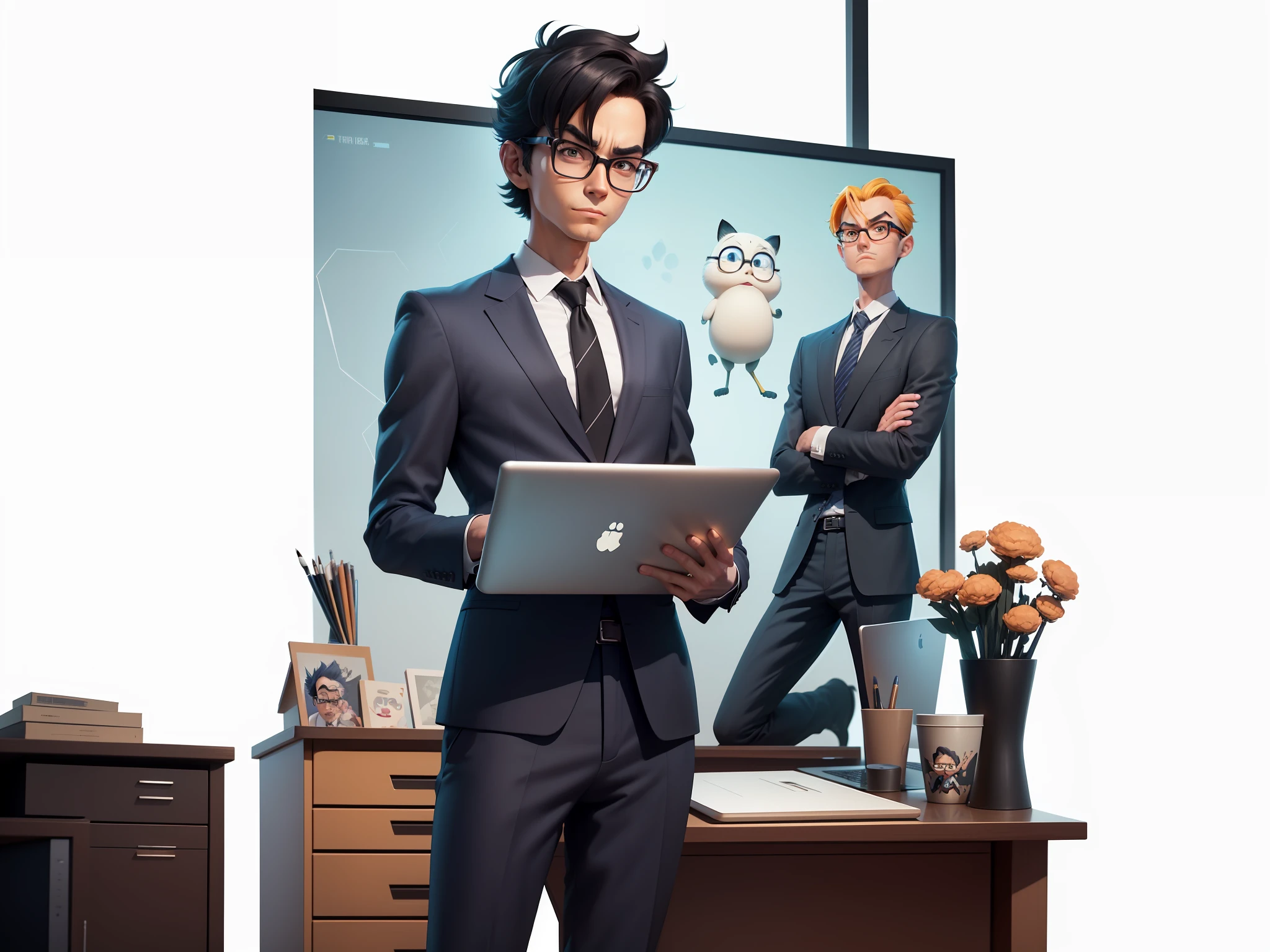 A young man in a suit and pants, Short hair and glasses sat at his desk，holding laptop，digitial painting，tigre，3D character design by Mark Clairen and Pixar and Hayao Miyazaki and Akira Toriyama，4K HD illustration，Very detailed facial features and cartoon-style visuals。