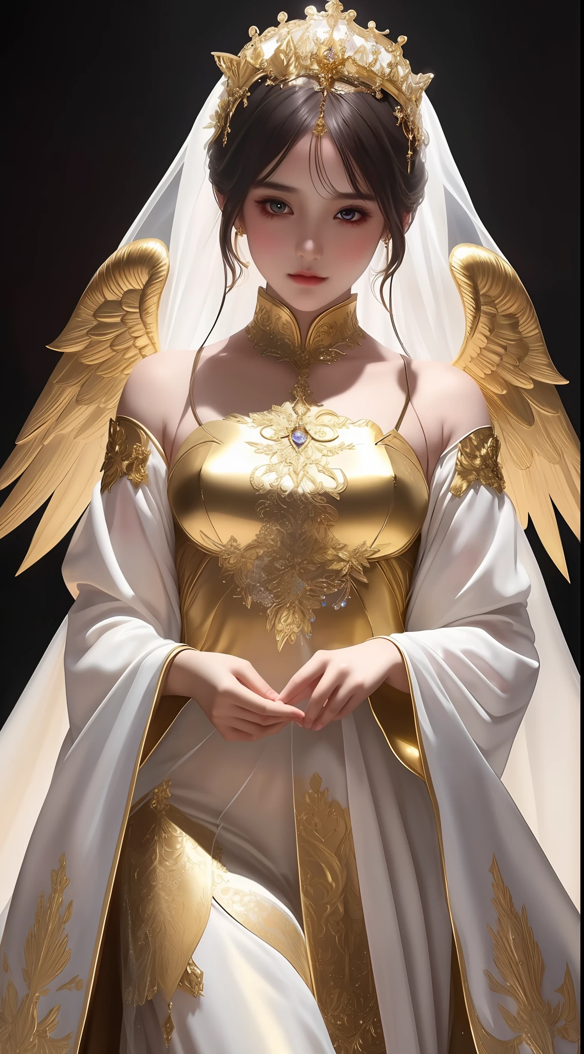 the perfect human model cute angelic girl posing, accurate details, detailed face, fantasy gold clothes, dramatic, intricate, elegant, highly detailed, digital painting, artstation, concept art, smooth, sharp focus, illustration, art by gustave dore, octane render, 4k