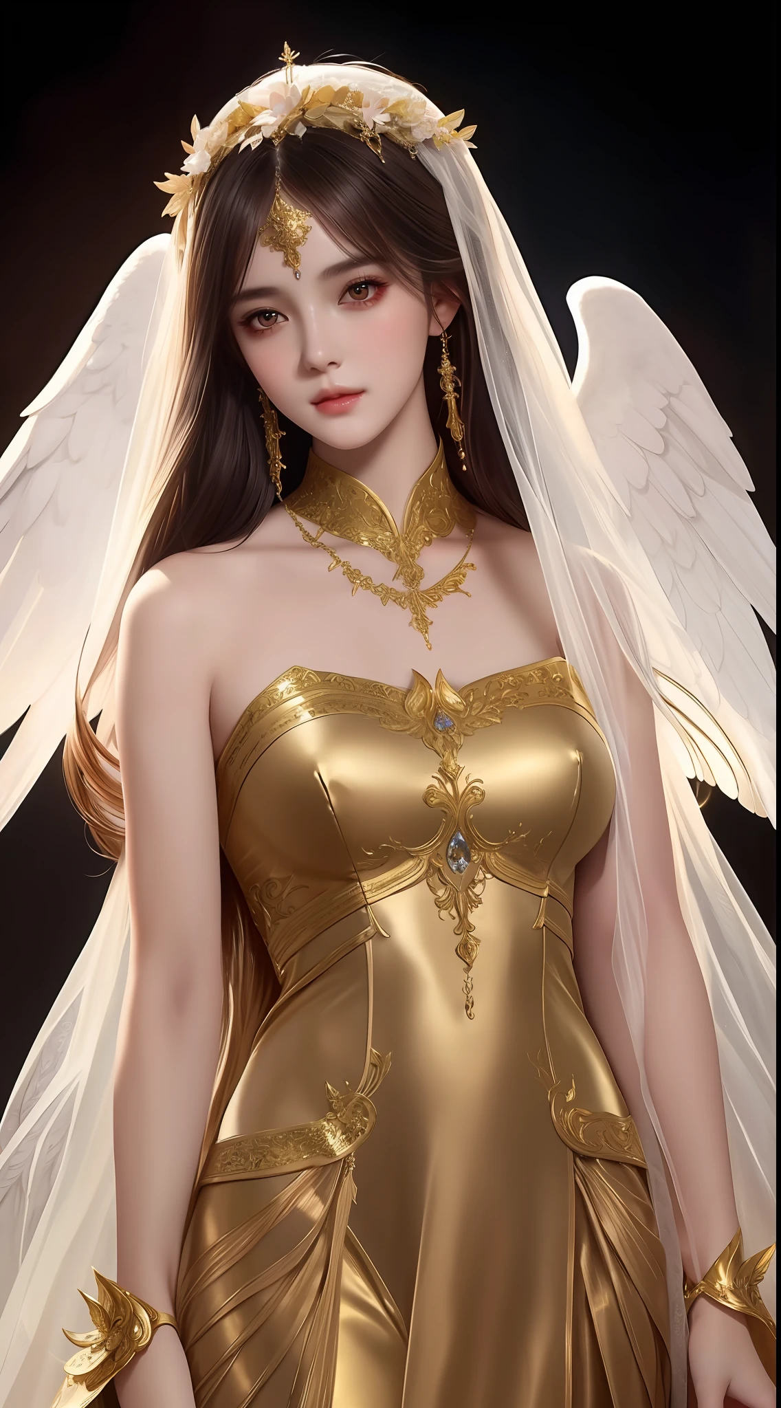 the perfect human model cute angelic girl posing, accurate details, detailed face, fantasy gold clothes, dramatic, intricate, elegant, highly detailed, digital painting, artstation, concept art, smooth, sharp focus, illustration, art by gustave dore, octane render, 4k