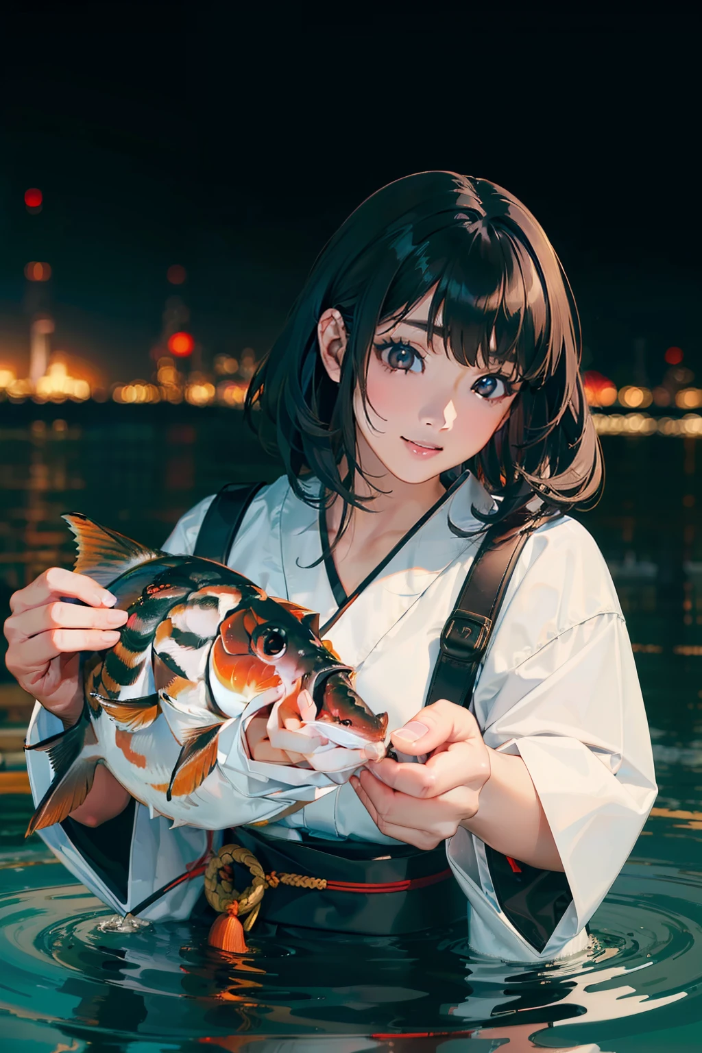 (((catching big black bass))),((Best quality, 8k, Masterpiece :1.3)),(25years old japanese girl)black hair, hair bobbles, wince, longeyelashes, solid circle eyes, light smile,Surrealism, drop shadow, anaglyph, stereogram, tachi-e, pov, atmospheric perspective, 8k, super detail, ccurate, best quality,