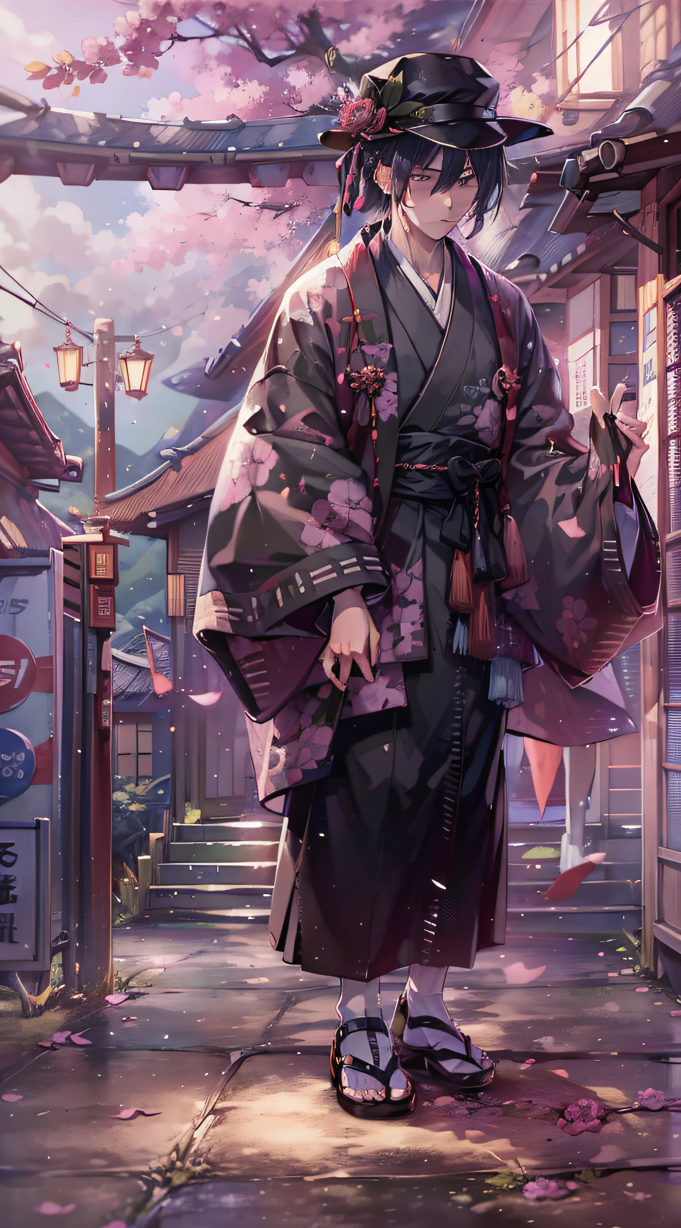 masterpiece、uth、Young man with nervous expression、Young man with a melancholy expression、Young man in withered black suit and hat、Poor figure、Landscape with rusty shades、Old Japan landscape、kyoto、Meiji、Taisho、Taisho romance、stone pavement、catss、top-quality、hightquality、Highly detailed CG Unity 8k wallpapers、art stations、digital illustration、with an intricate、trending、Award-winning photos、depth of fields、HDR、chromatic abberation、真实感、A highly detailed、trends in the art station、CGsociety Trends、with an intricate、high detal、Dramatic、 8K, 16K, top-quality, photon maping, Radio City, Photorealsitic, Elaborate CG, Physically Based Rendering, Ultra-realistic realistic textures, unrealengine5, Motion Angle、cinematlic lighting, Dramatic Writing, Professional Writing,